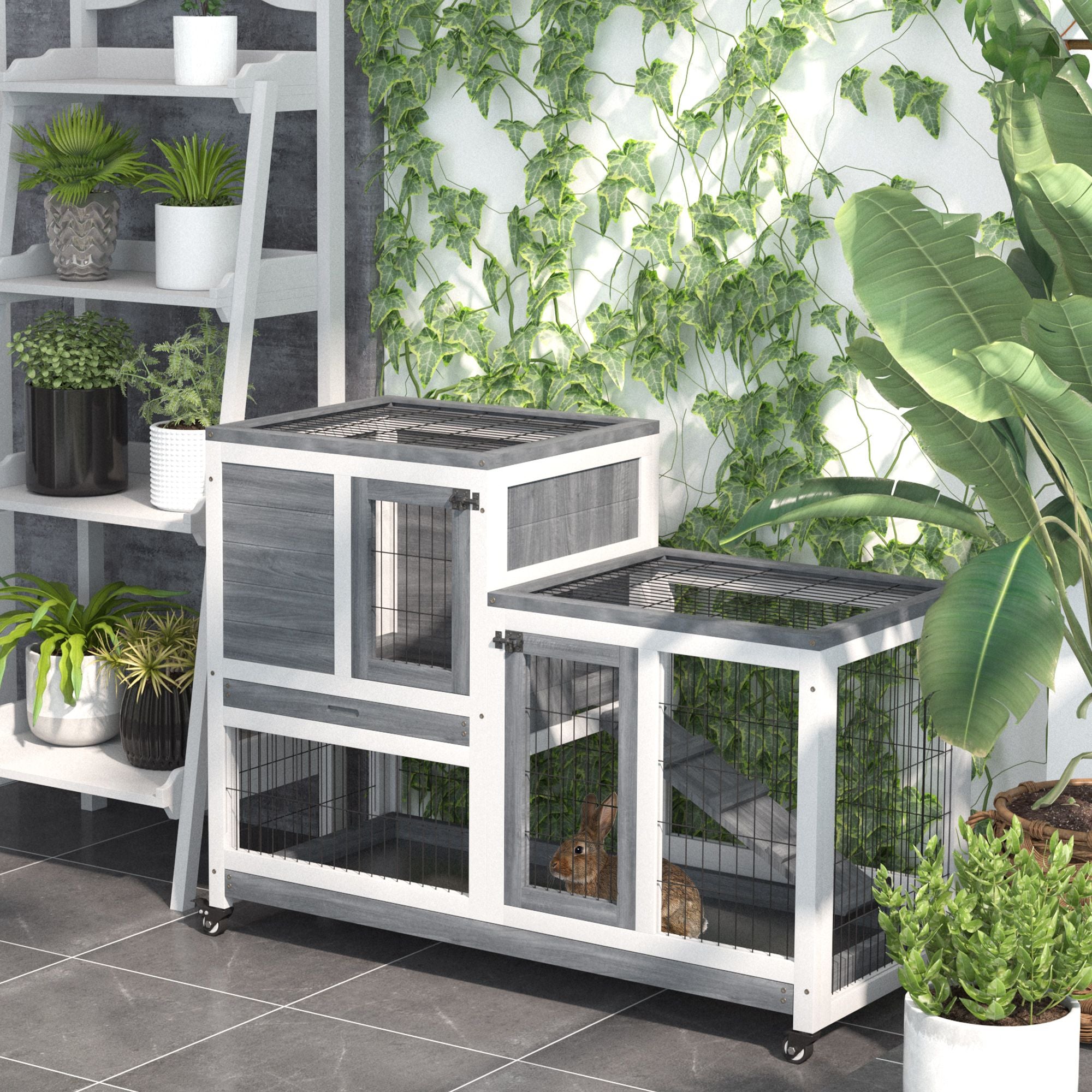 Wooden Rabbit Hutch Elevated Bunny Cage Indoor Small Animal Habitat with Enclosed Run with Wheels, Ramp, Removable Tray Ideal for Guinea Pigs, Grey