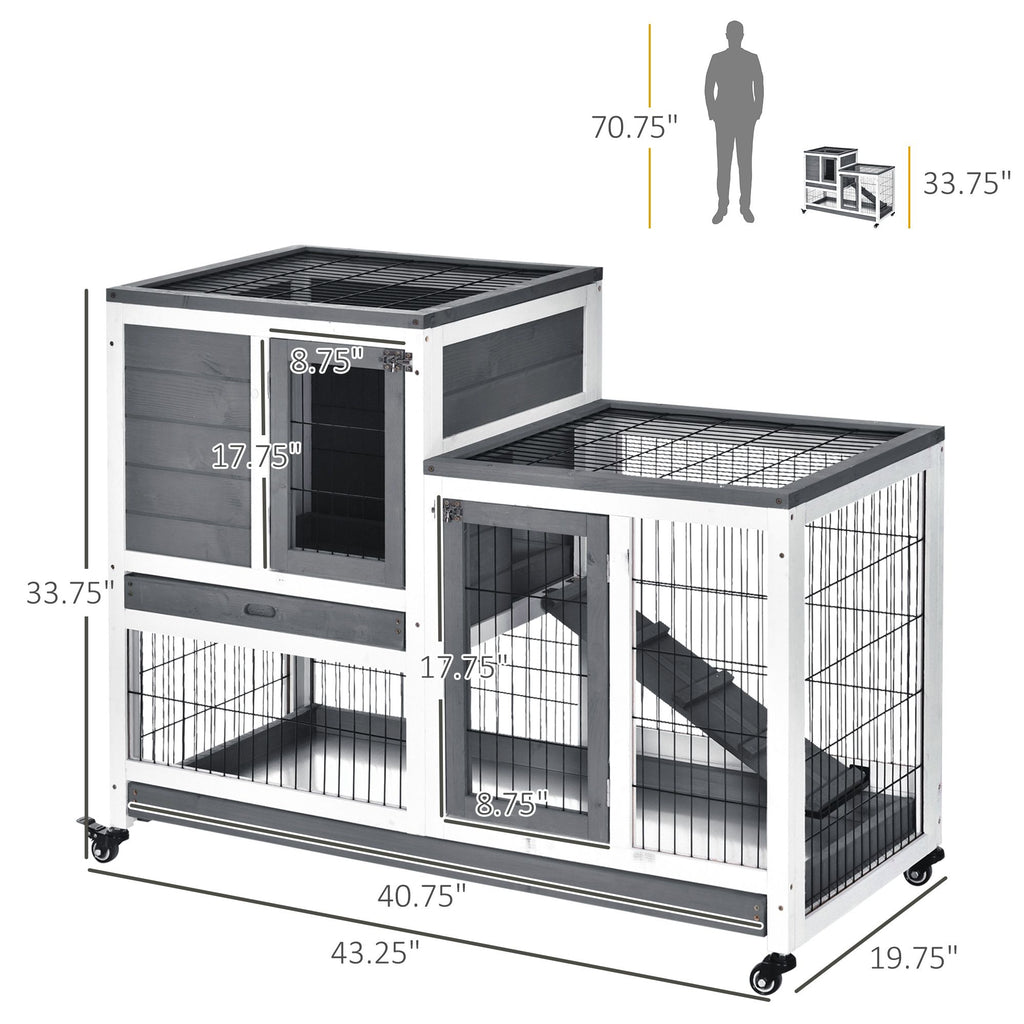 Wooden Rabbit Hutch Elevated Bunny Cage Indoor Small Animal Habitat with Enclosed Run with Wheels, Ramp, Removable Tray Ideal for Guinea Pigs, Grey