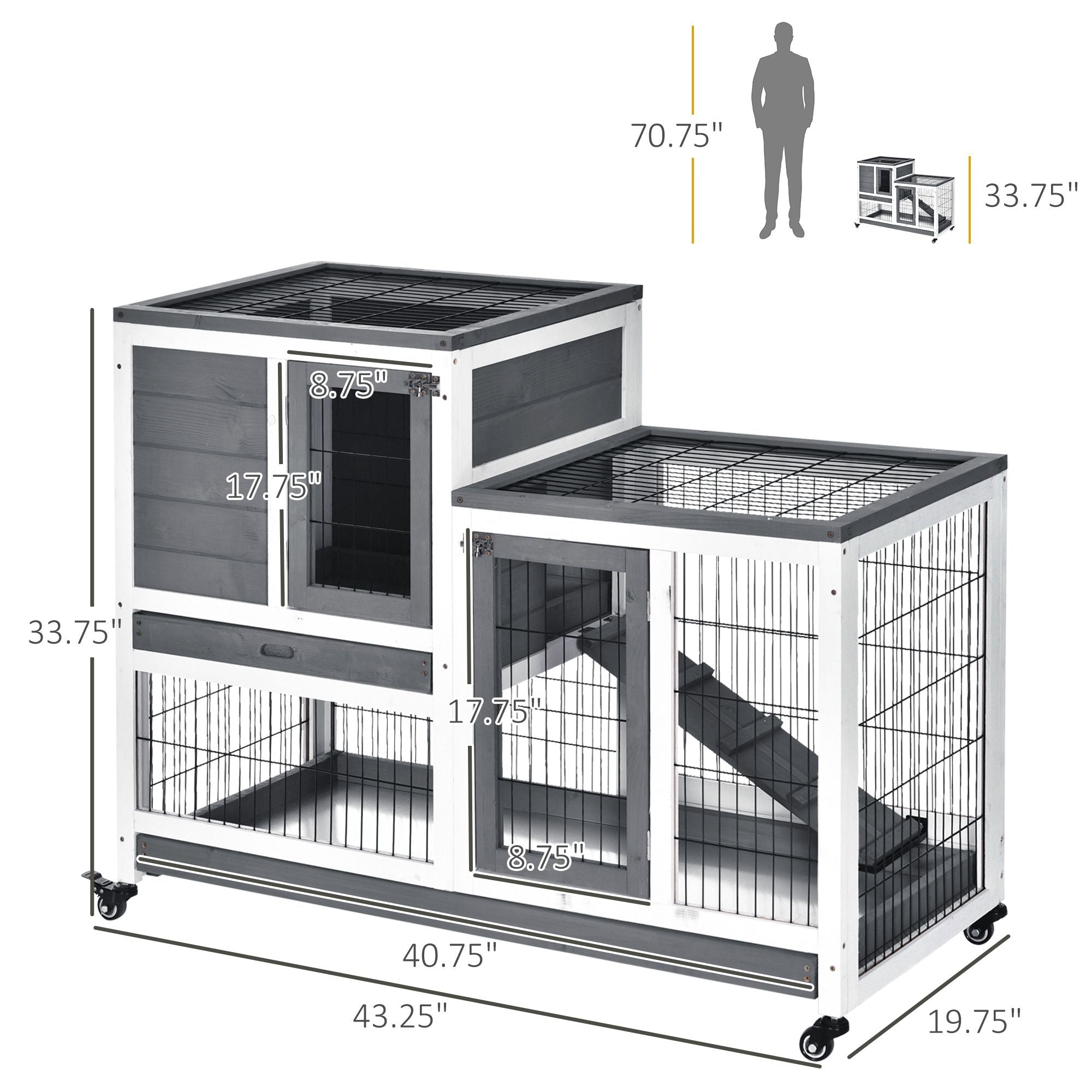 Wooden Rabbit Hutch Elevated Bunny Cage Indoor Small Animal Habitat with Enclosed Run with Wheels, Ramp, Removable Tray Ideal for Guinea Pigs, Grey