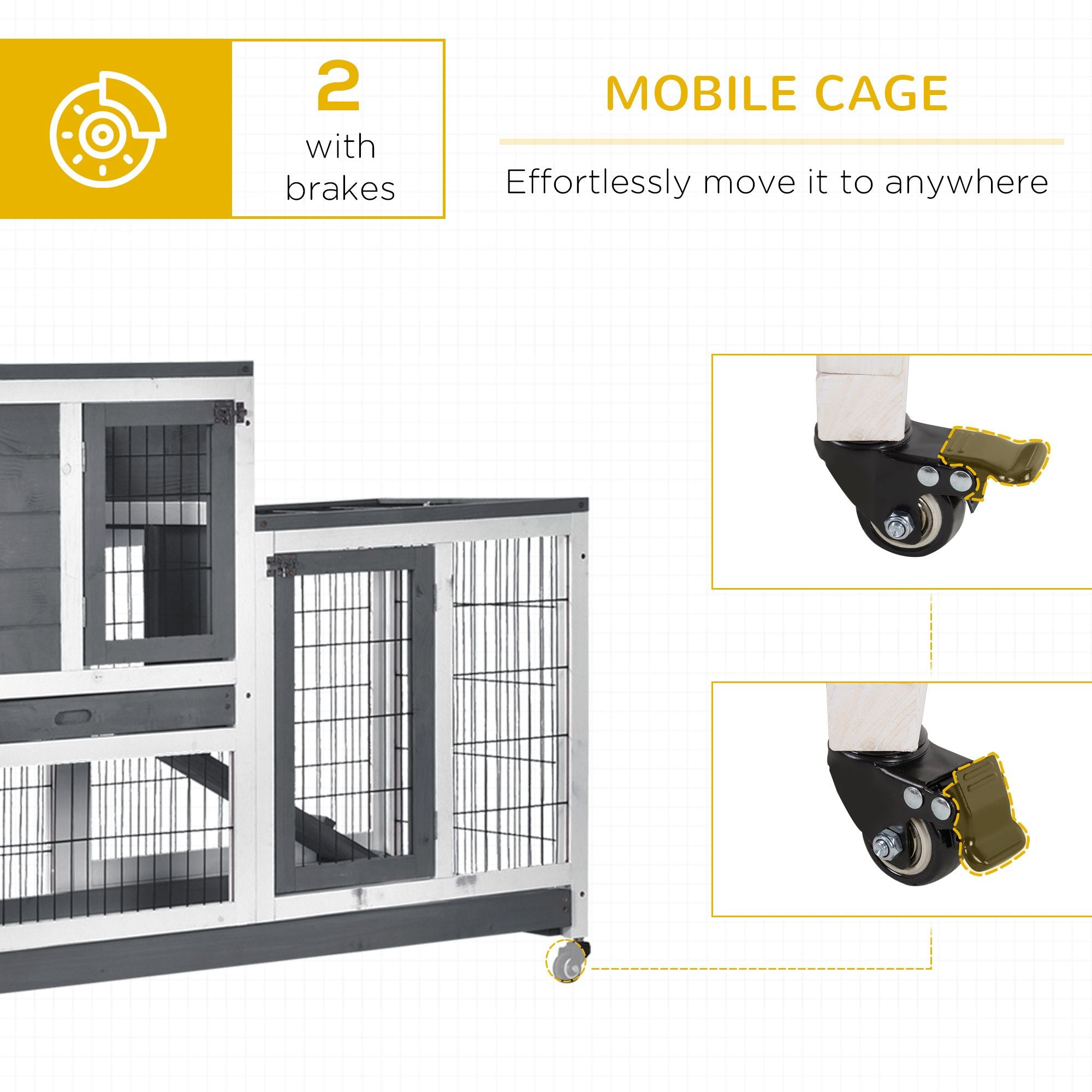 Wooden Rabbit Hutch Elevated Bunny Cage Indoor Small Animal Habitat with Enclosed Run with Wheels, Ramp, Removable Tray Ideal for Guinea Pigs, Grey