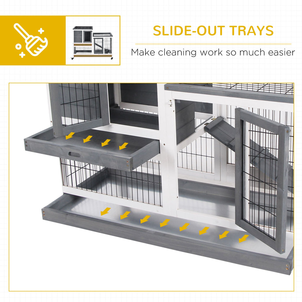 Wooden Rabbit Hutch Elevated Bunny Cage Indoor Small Animal Habitat with Enclosed Run with Wheels, Ramp, Removable Tray Ideal for Guinea Pigs, Grey
