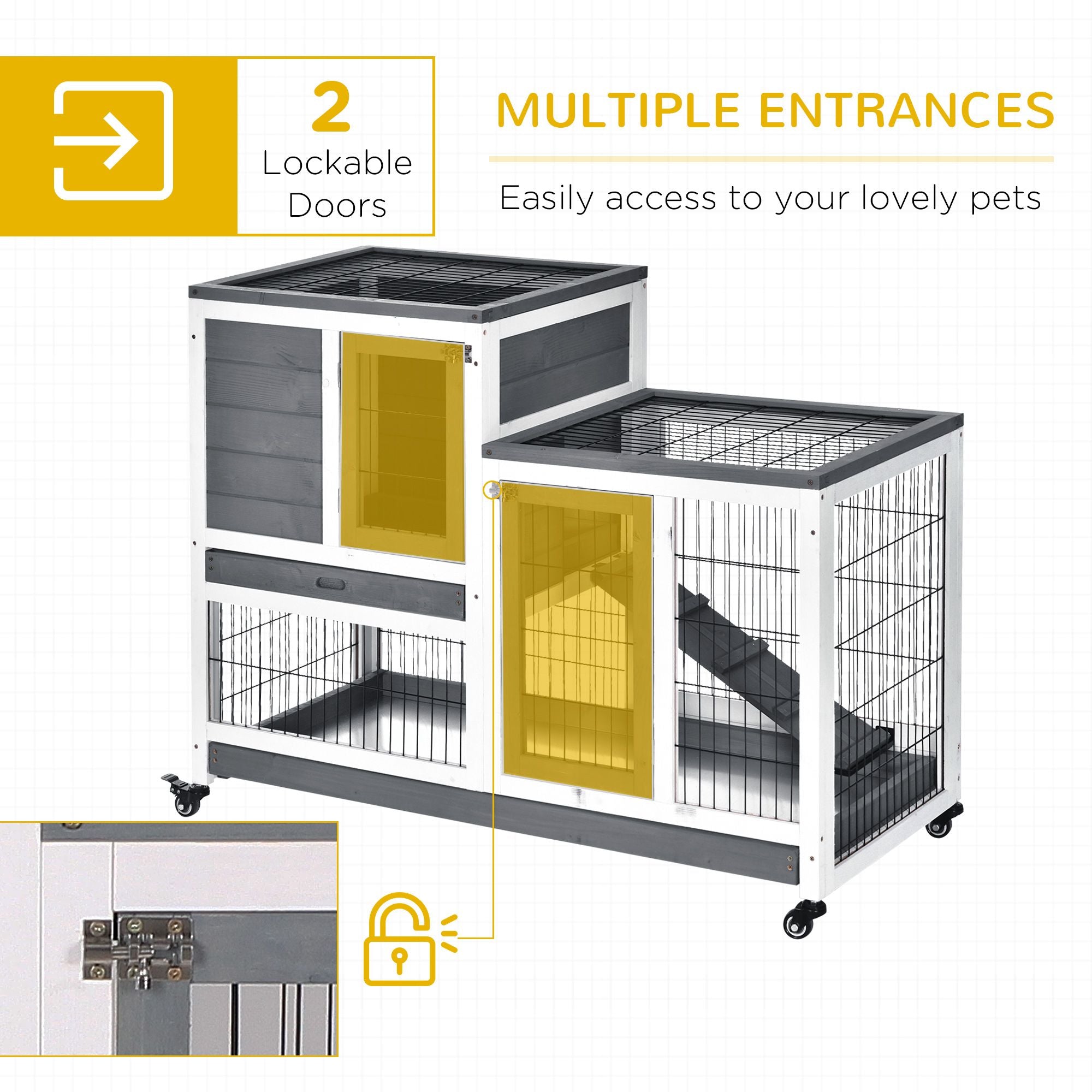Wooden Rabbit Hutch Elevated Bunny Cage Indoor Small Animal Habitat with Enclosed Run with Wheels, Ramp, Removable Tray Ideal for Guinea Pigs, Grey
