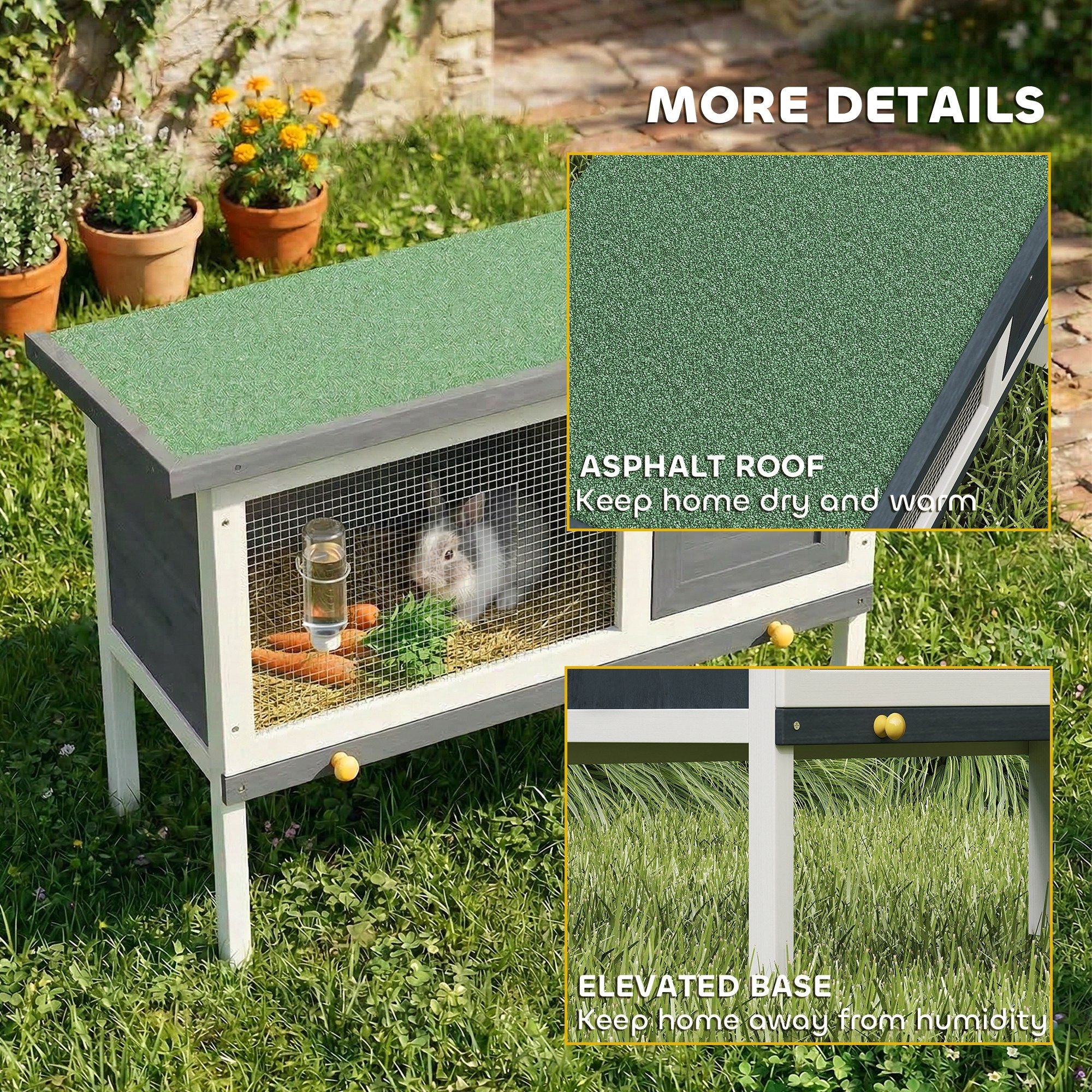 Elevated furniture-style Rabbit Hutch with Asphalt Roof for Outdoor Use