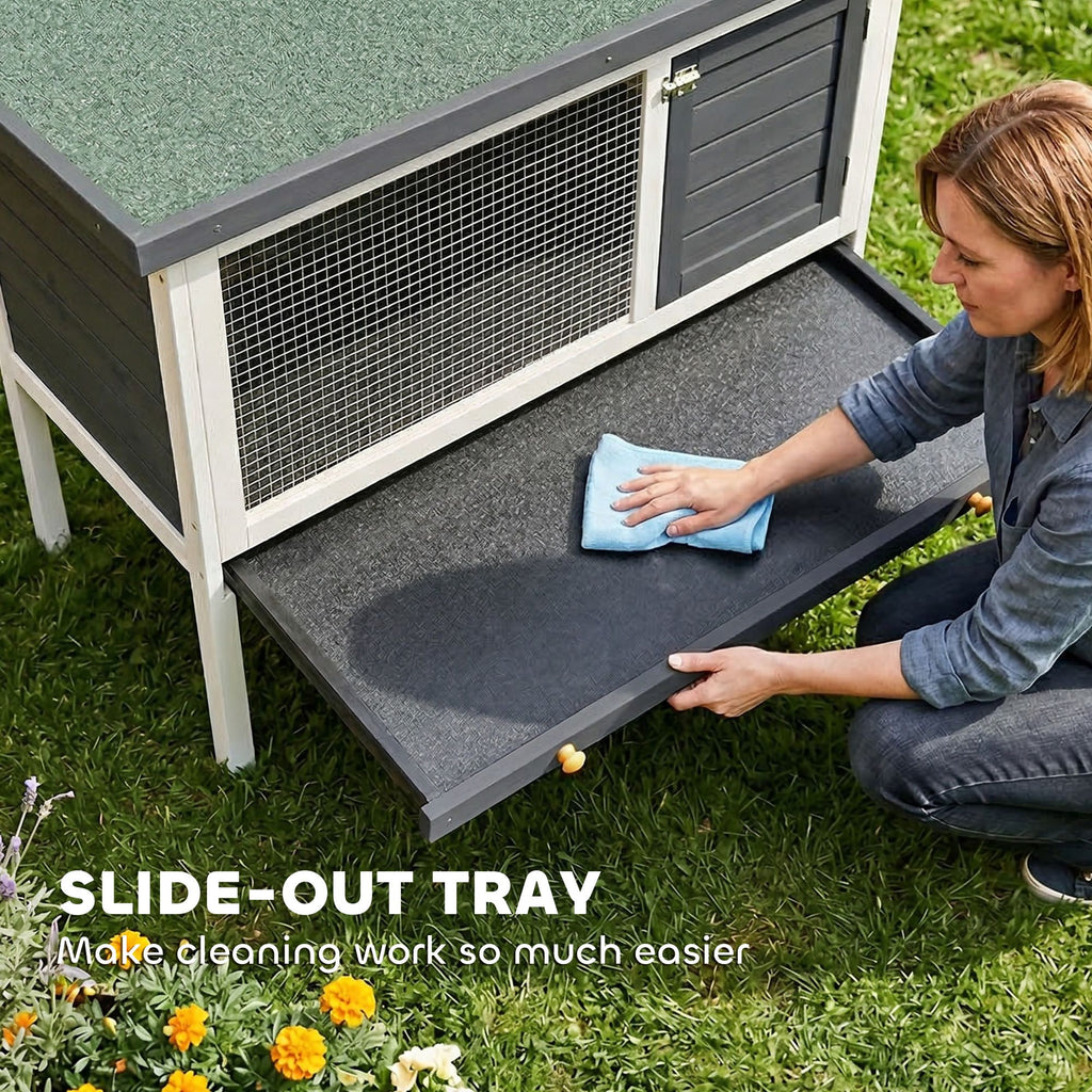 Elevated furniture-style Rabbit Hutch with Asphalt Roof for Outdoor Use