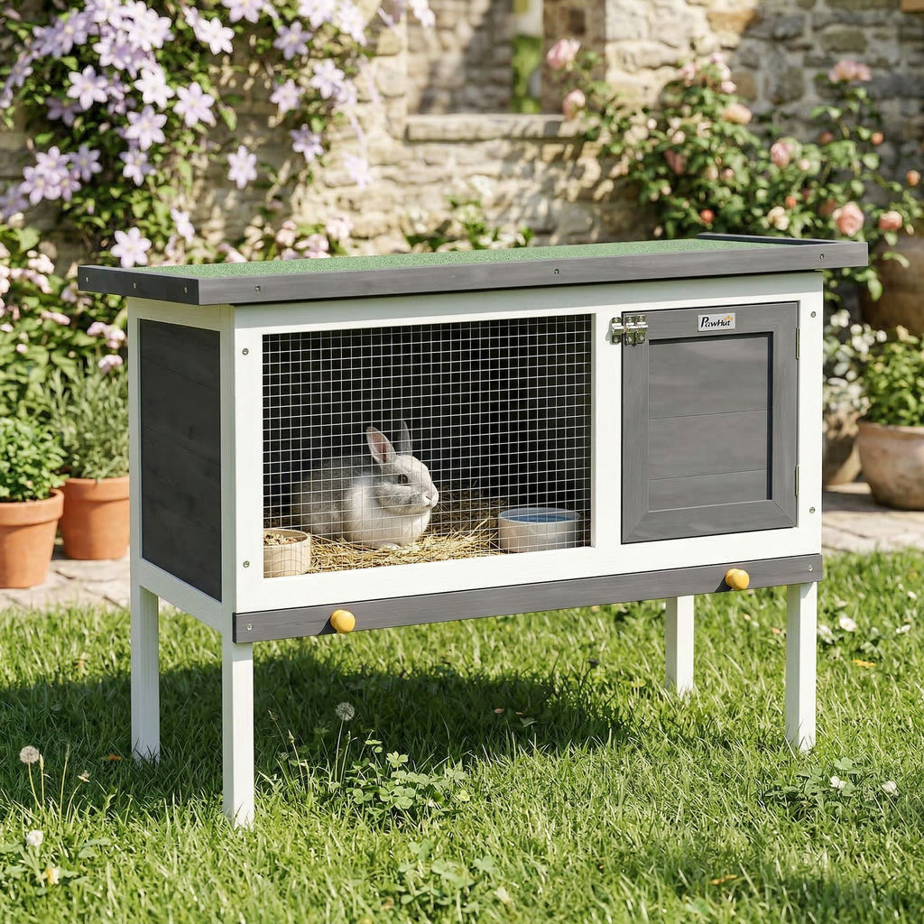 Elevated furniture-style Rabbit Hutch with Asphalt Roof for Outdoor Use