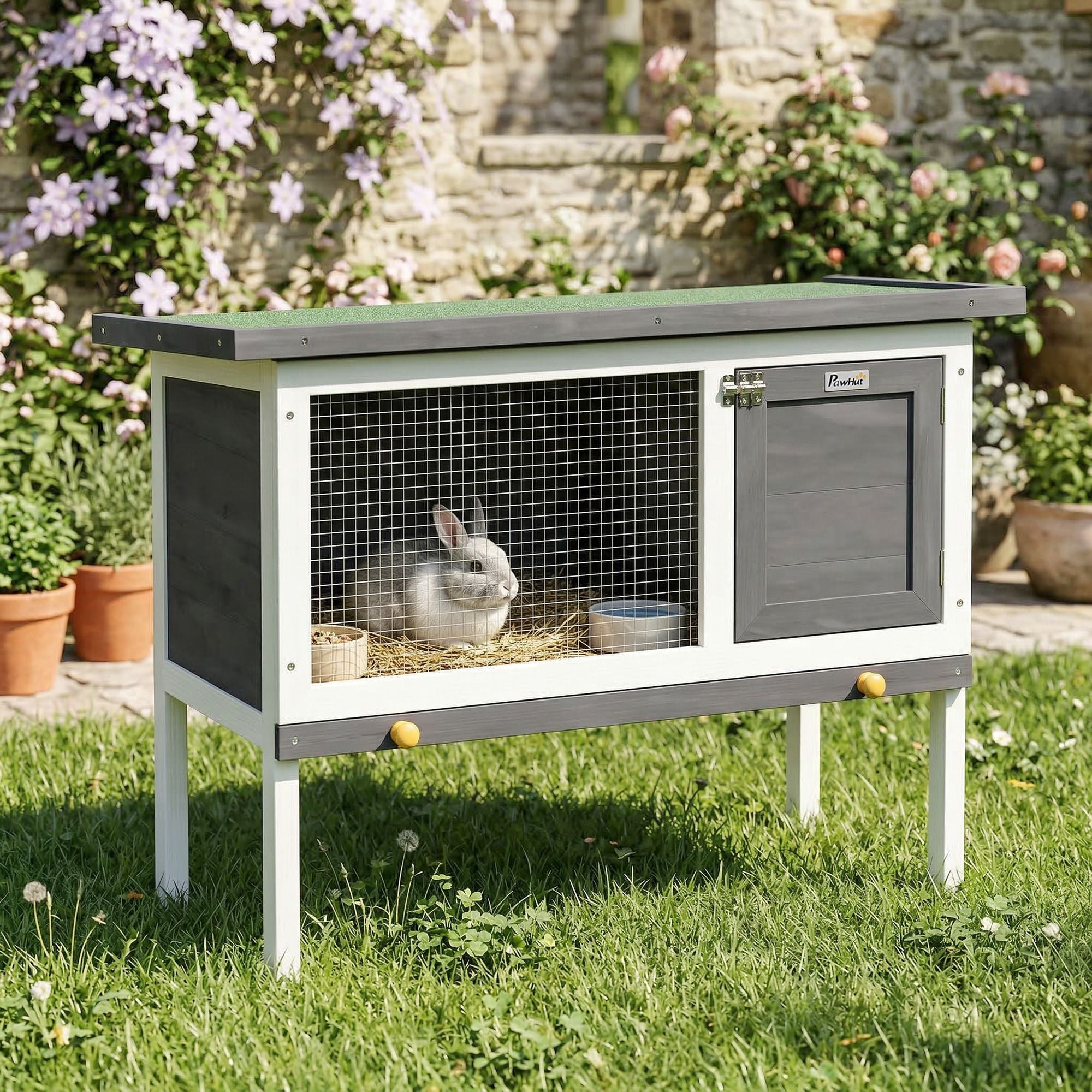 Elevated furniture-style Rabbit Hutch with Asphalt Roof for Outdoor Use