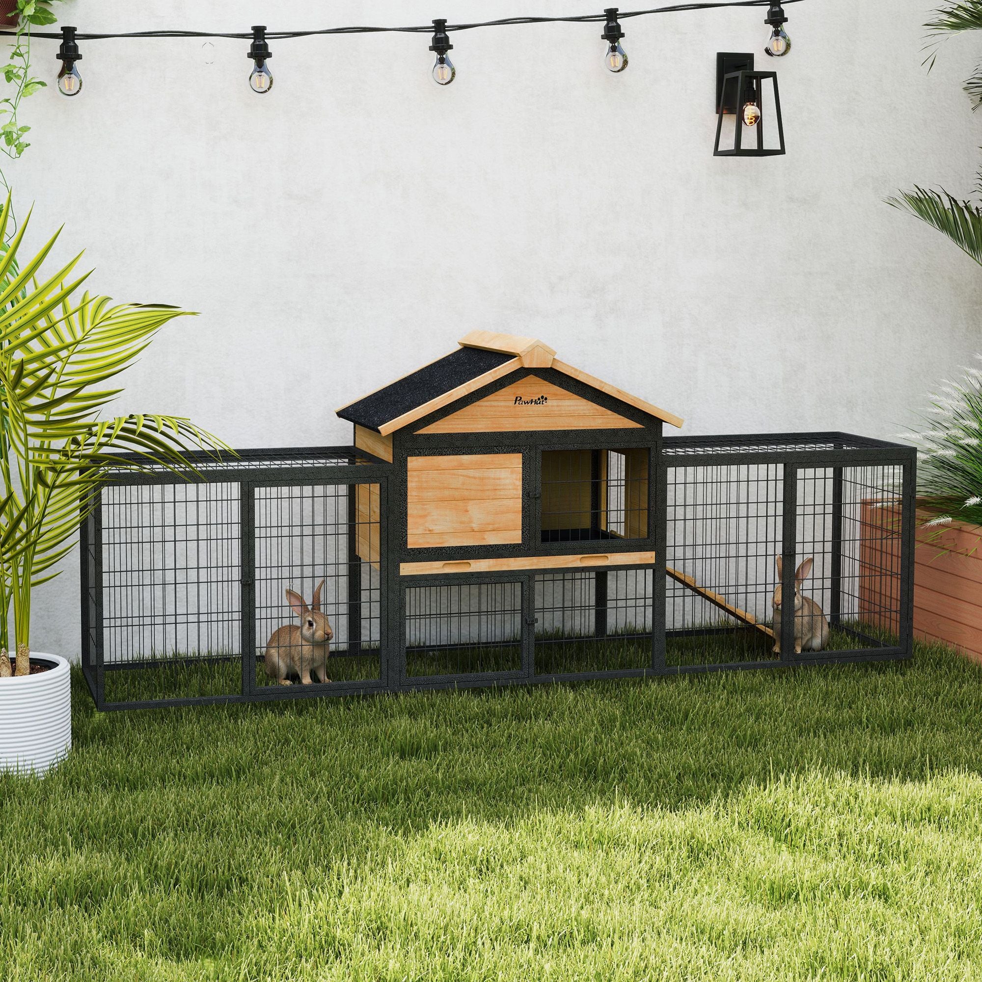 Spacious Outdoor Rabbit Hutch with structured Run and Asphalt Roof