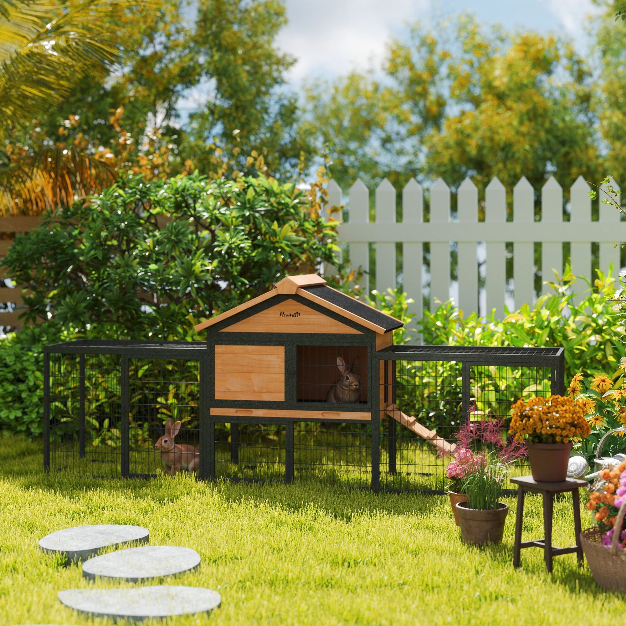 Spacious Outdoor Rabbit Hutch with structured Run and Asphalt Roof