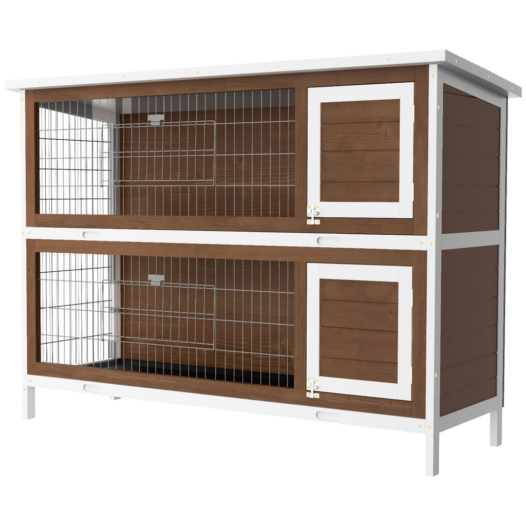 furniture-style Rabbit Hutch w/ Dividers Asphalt Roof for Small Animals & Outdoors, Brown