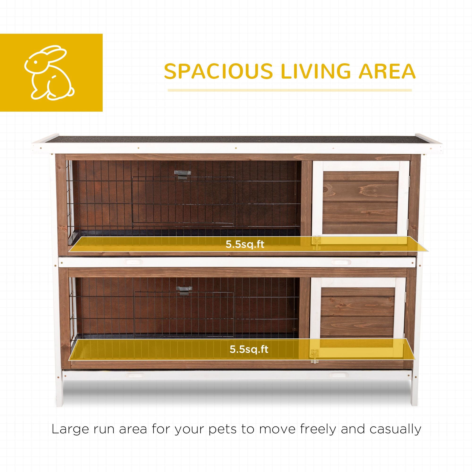 furniture-style Rabbit Hutch w/ Dividers Asphalt Roof for Small Animals & Outdoors, Brown