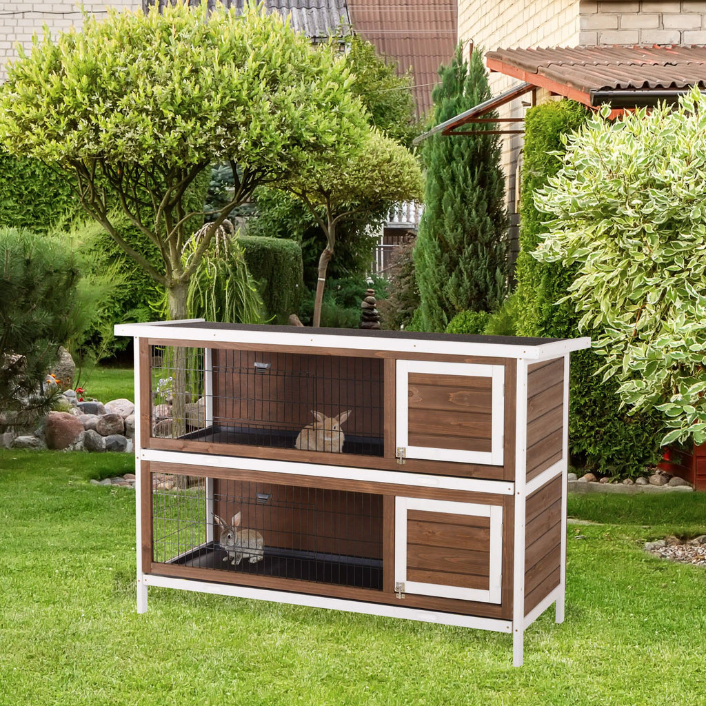 furniture-style Rabbit Hutch w/ Dividers Asphalt Roof for Small Animals & Outdoors, Brown