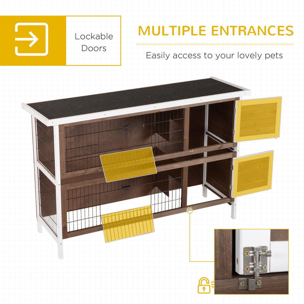 furniture-style Rabbit Hutch w/ Dividers Asphalt Roof for Small Animals & Outdoors, Brown