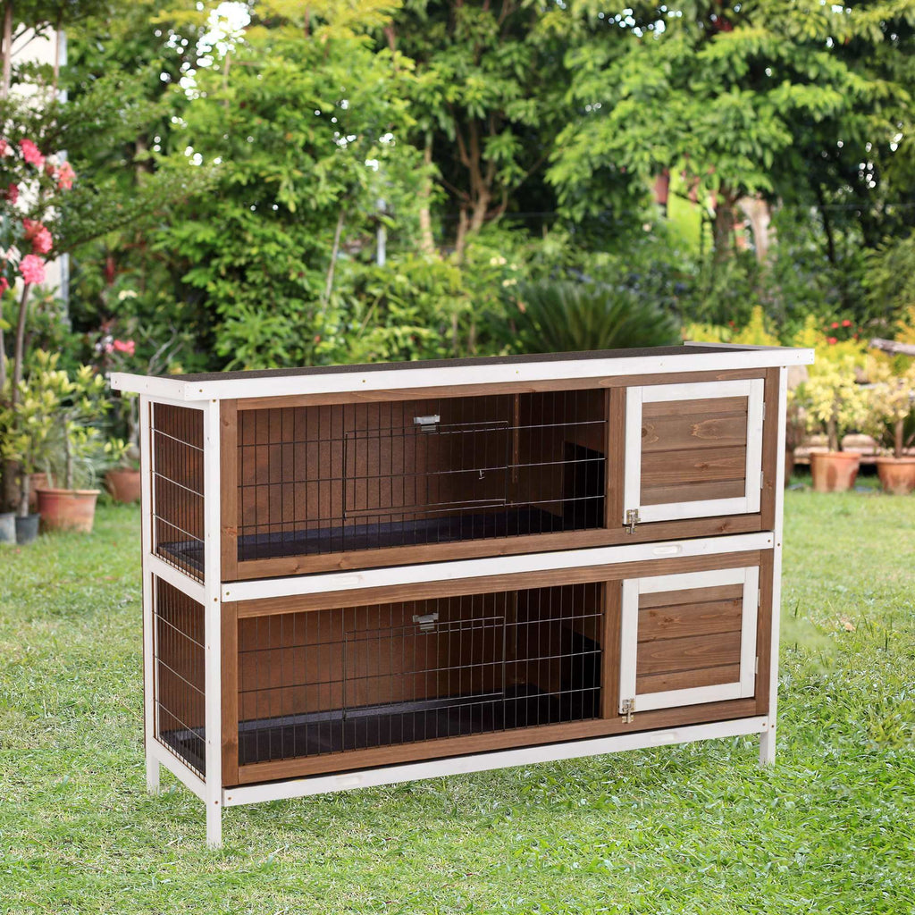 furniture-style Rabbit Hutch w/ Dividers Asphalt Roof for Small Animals & Outdoors, Brown