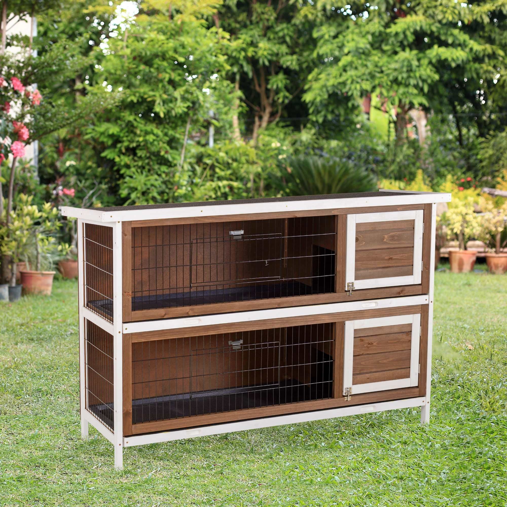 furniture-style Rabbit Hutch w/ Dividers Asphalt Roof for Small Animals & Outdoors, Brown