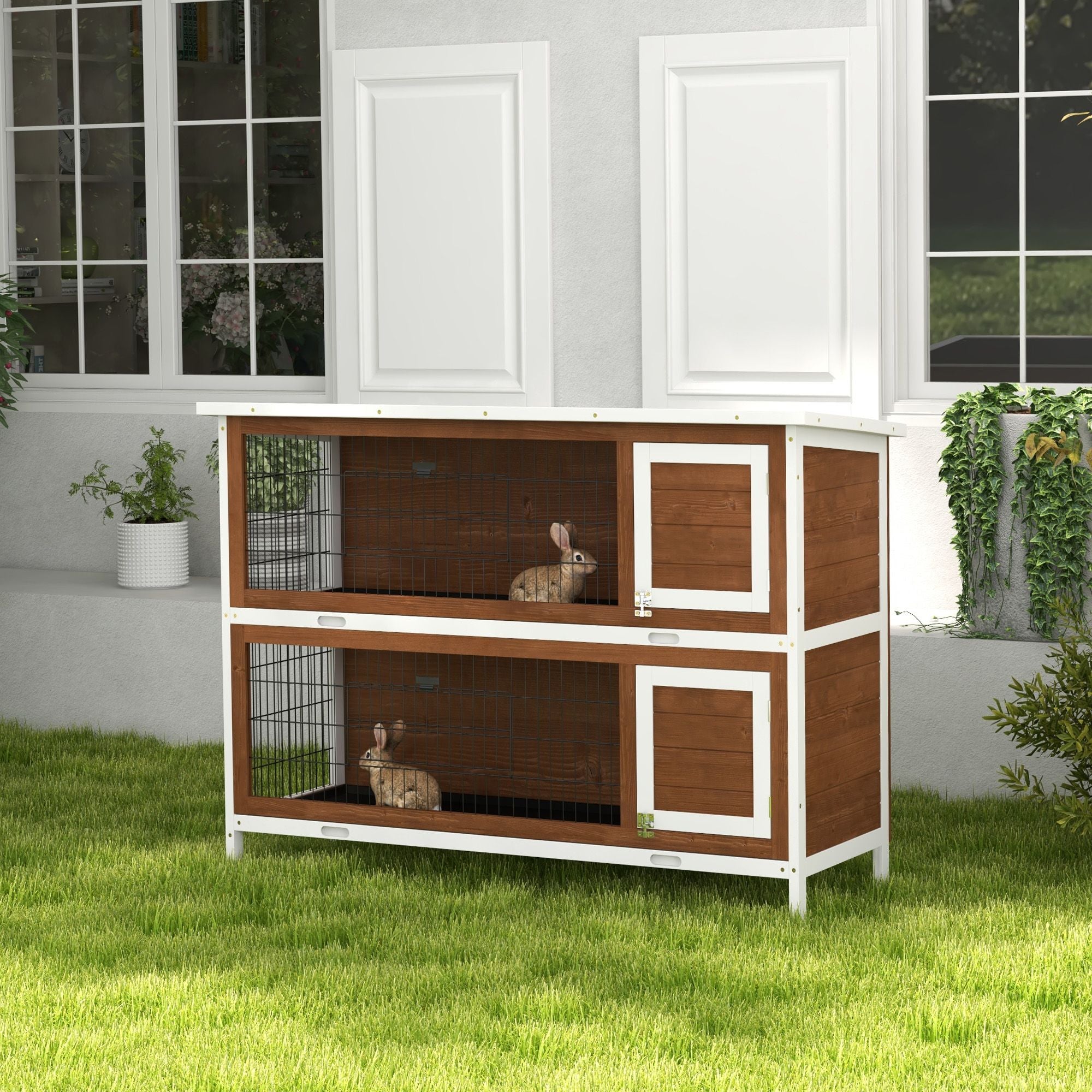 furniture-style Rabbit Hutch w/ Dividers Asphalt Roof for Small Animals & Outdoors, Brown