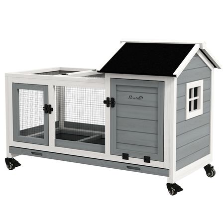furniture-style Rabbit Hutch with Wheels, Run, Slide-out Tray for Small Animals, Guinea Pig, Blue
