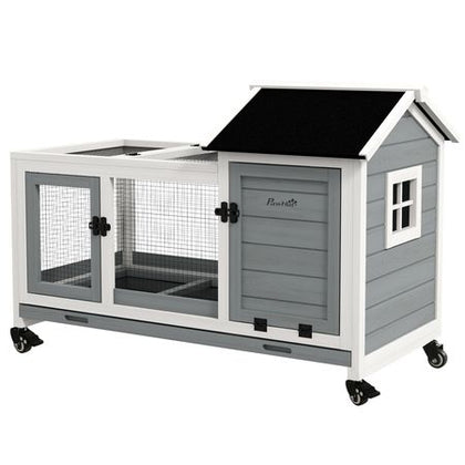 furniture-style Rabbit Hutch with Wheels, Run, Slide-out Tray for Small Animals, Guinea Pig, Blue