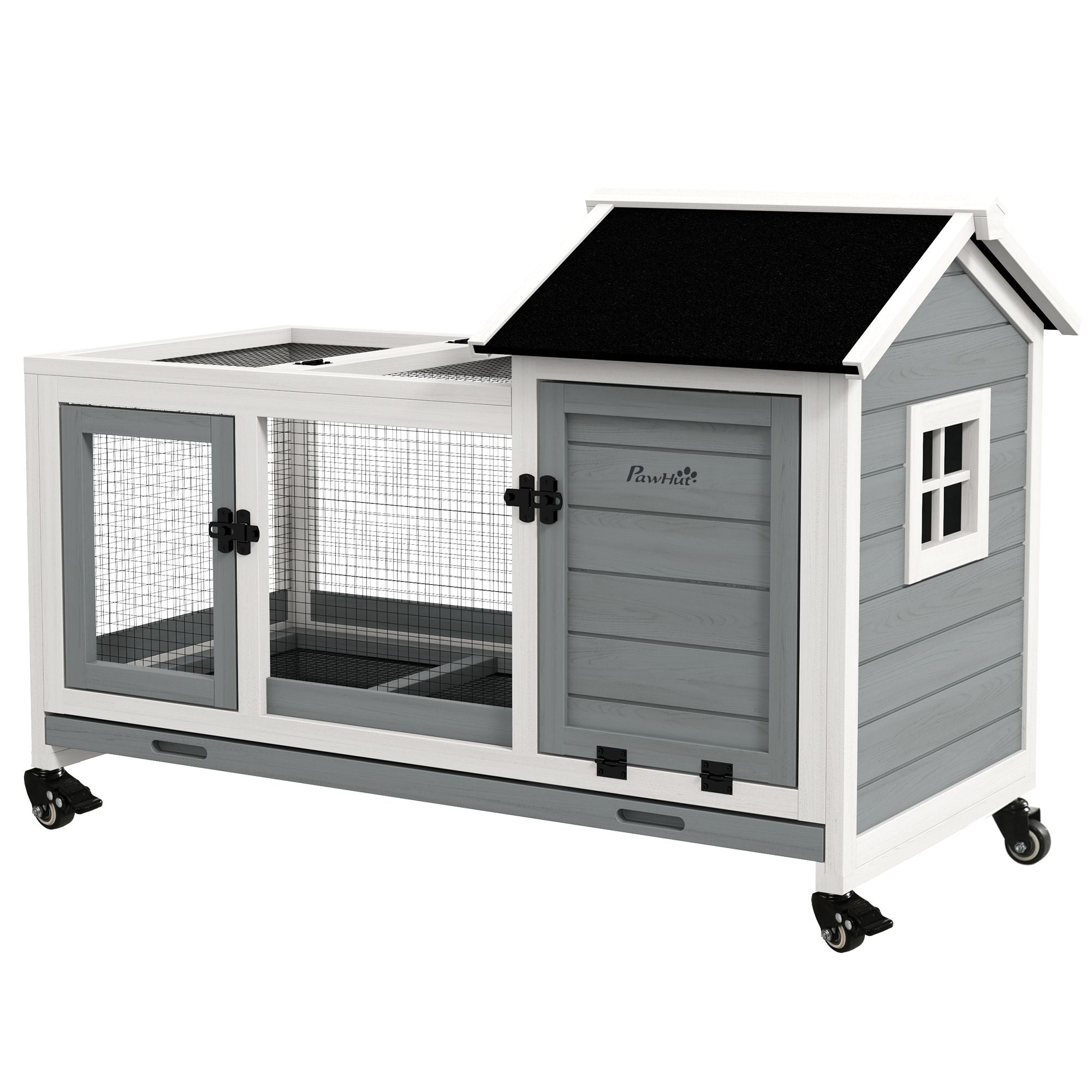 furniture-style Rabbit Hutch with Wheels, Run, Slide-out Tray for Small Animals, Guinea Pig, Blue