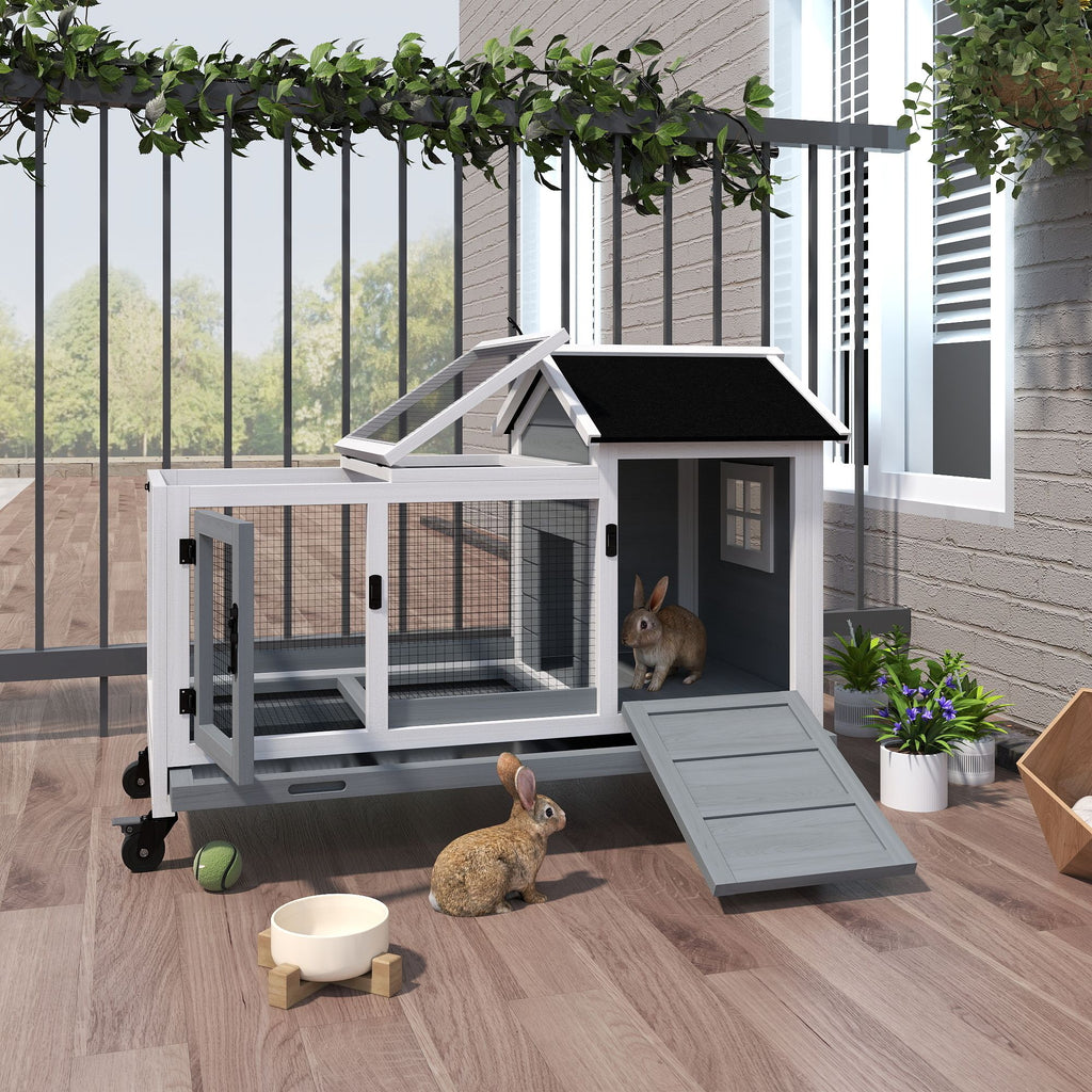 furniture-style Rabbit Hutch with Wheels, Run, Slide-out Tray for Small Animals, Guinea Pig, Blue