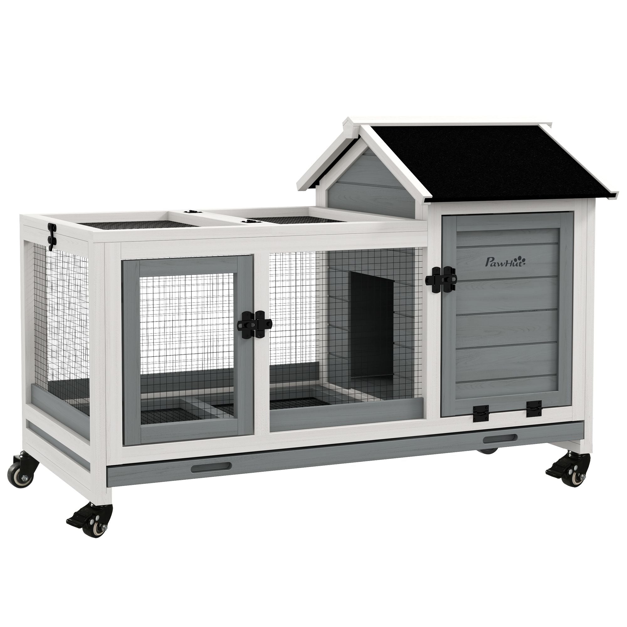 furniture-style Rabbit Hutch with Wheels, Run, Slide-out Tray for Small Animals, Guinea Pig, Blue