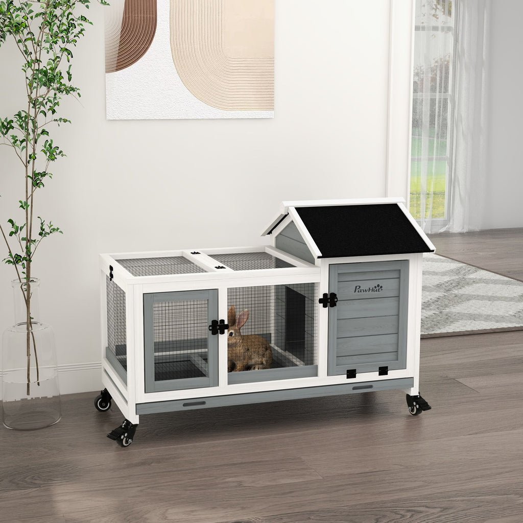 furniture-style Rabbit Hutch with Wheels, Run, Slide-out Tray for Small Animals, Guinea Pig, Blue