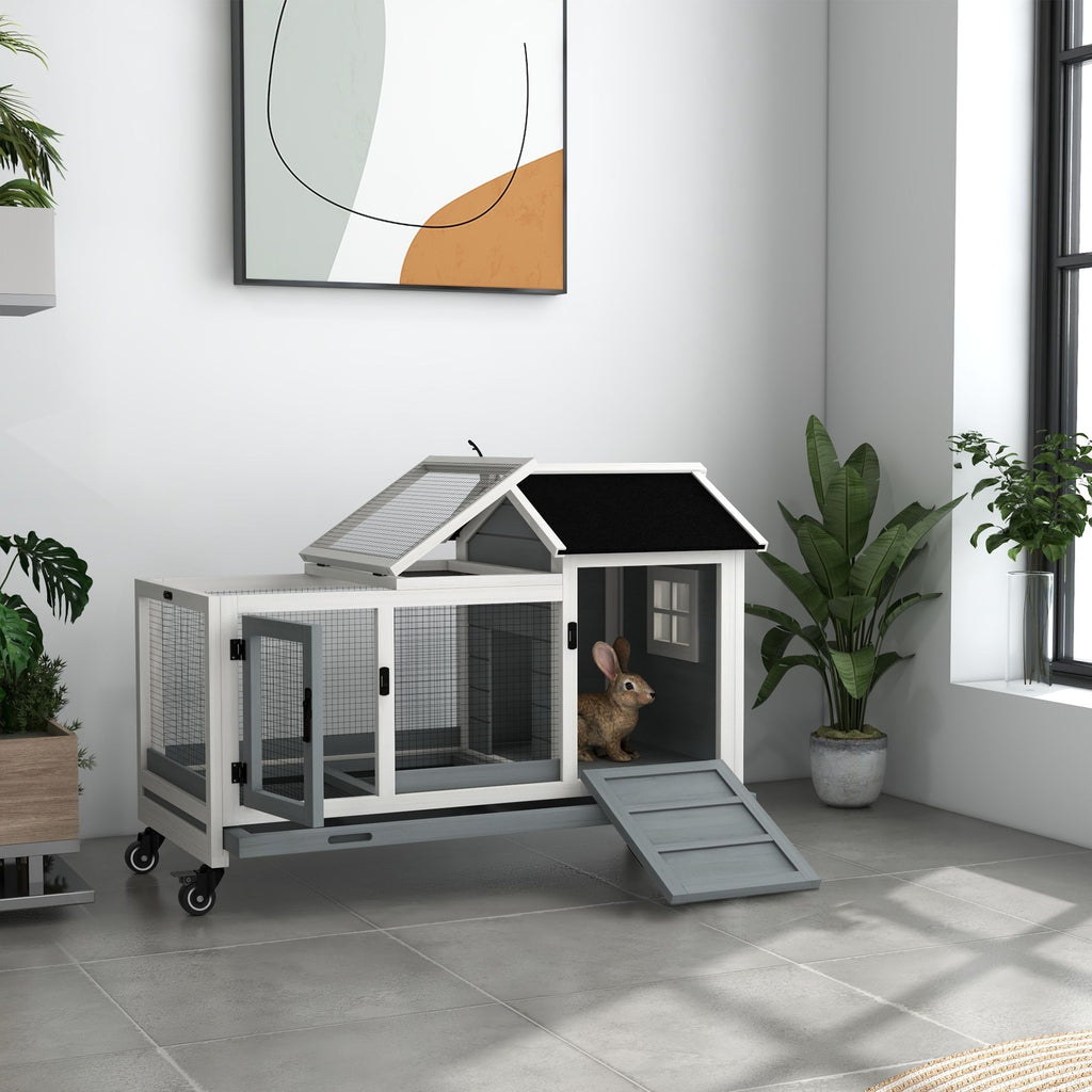 furniture-style Rabbit Hutch with Wheels, Run, Slide-out Tray for Small Animals, Guinea Pig, Blue