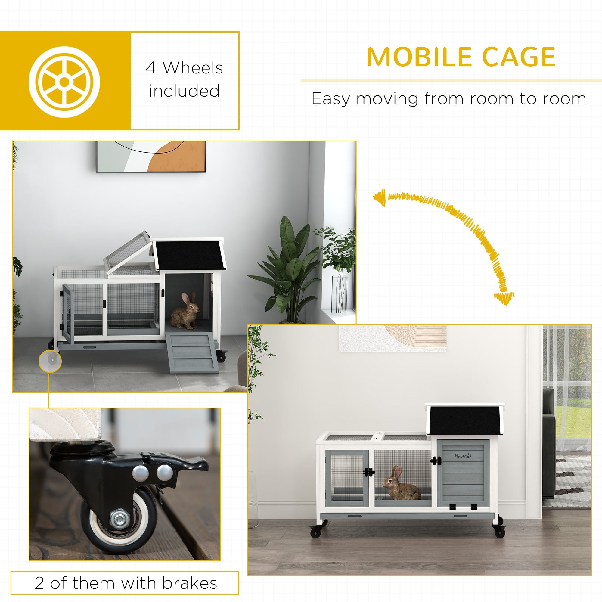 furniture-style Rabbit Hutch with Wheels, Run, Slide-out Tray for Small Animals, Guinea Pig, Blue