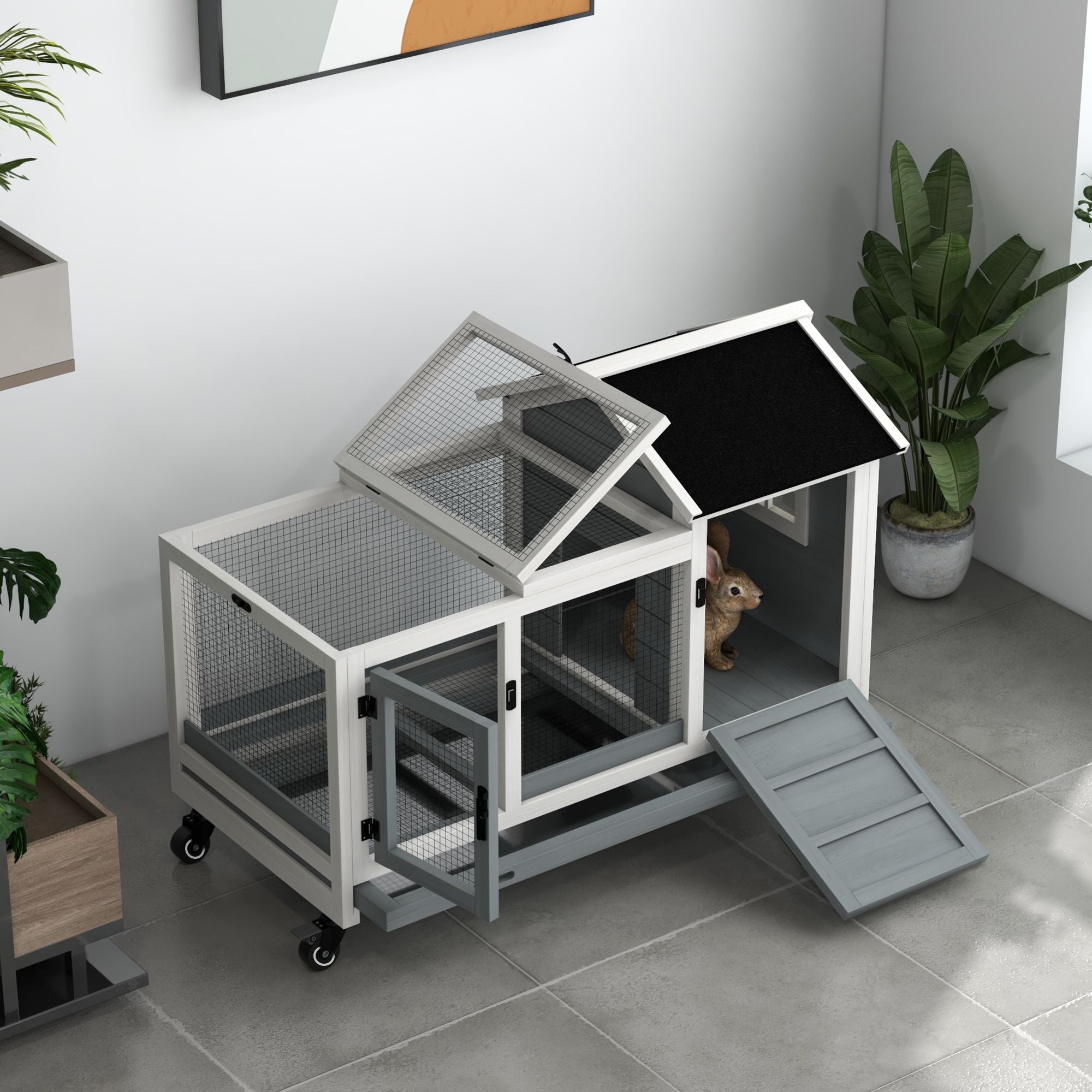 furniture-style Rabbit Hutch with Wheels, Run, Slide-out Tray for Small Animals, Guinea Pig, Blue