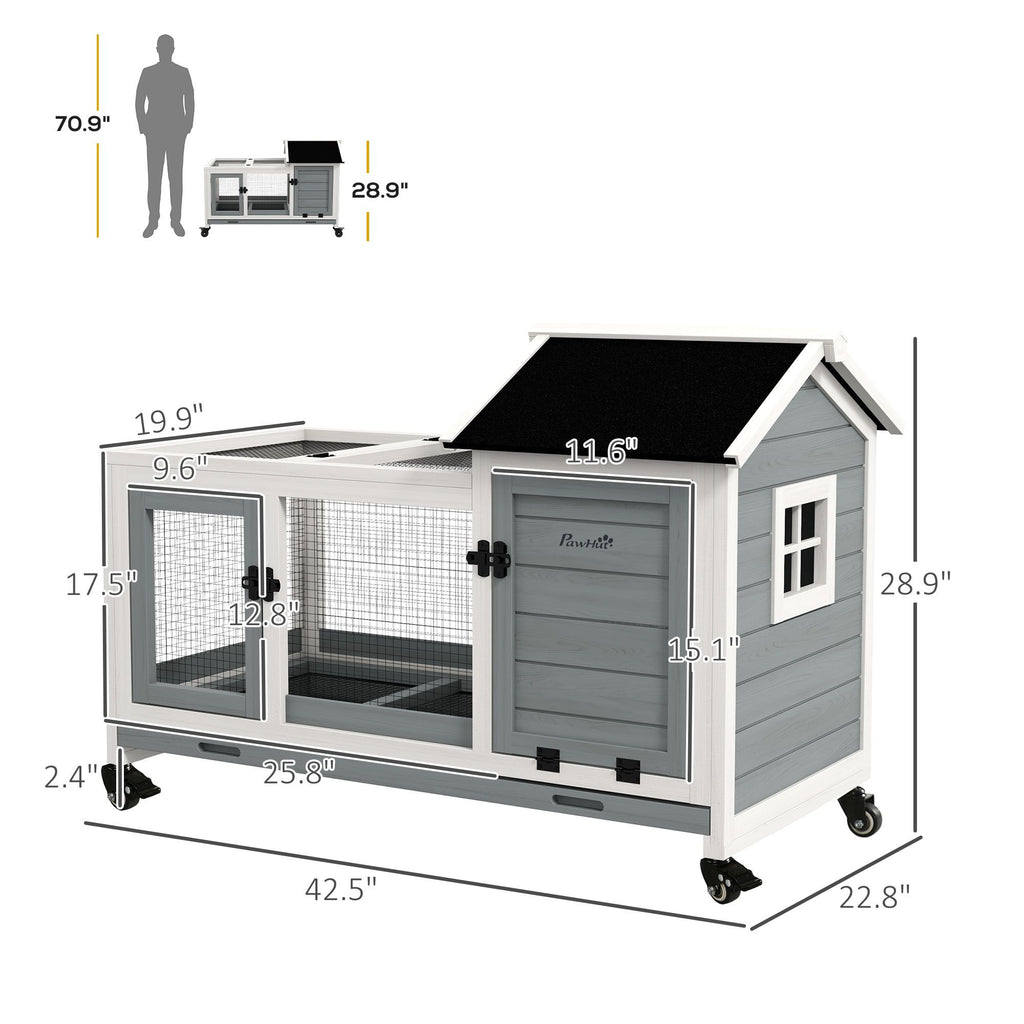 furniture-style Rabbit Hutch with Wheels, Run, Slide-out Tray for Small Animals, Guinea Pig, Blue