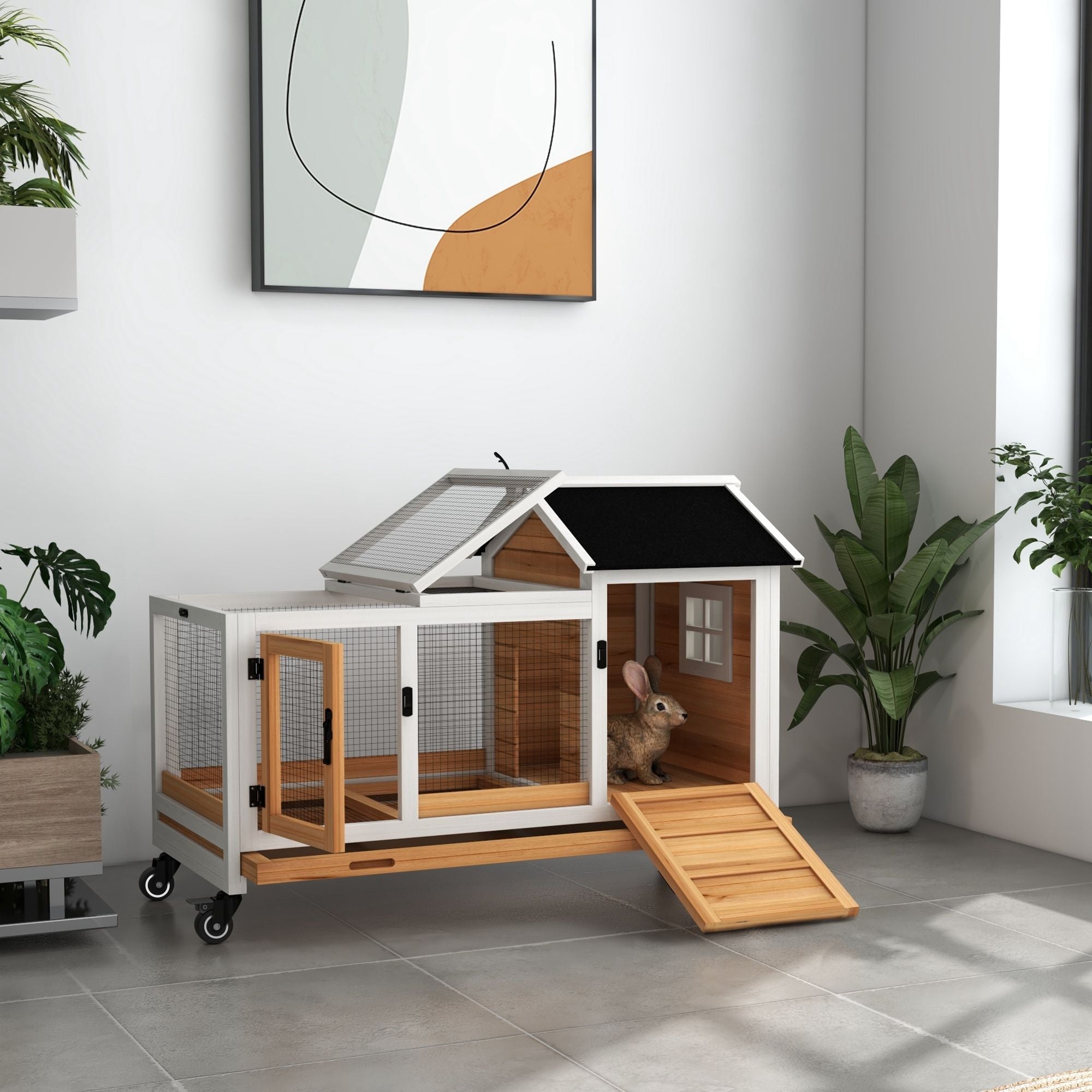 furniture-style Rabbit Hutch with Wheels & Run for Small Animals