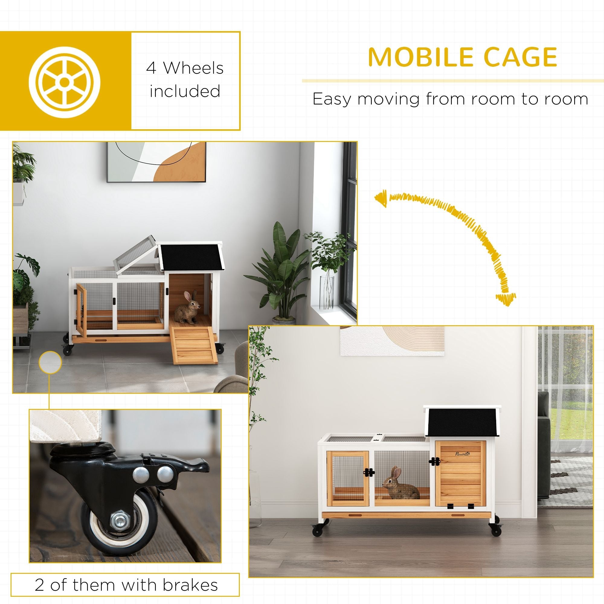 furniture-style Rabbit Hutch with Wheels & Run for Small Animals