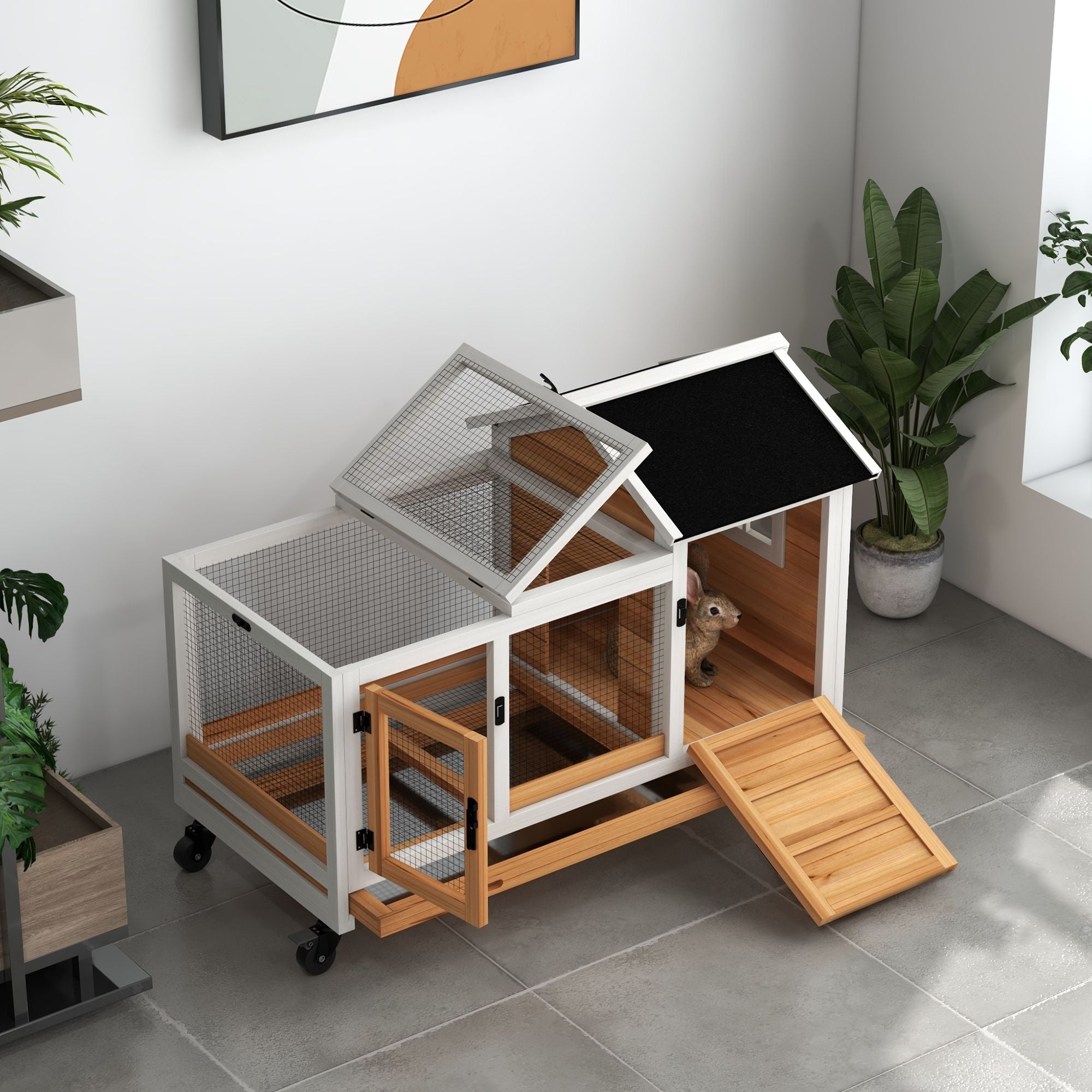 furniture-style Rabbit Hutch with Wheels & Run for Small Animals