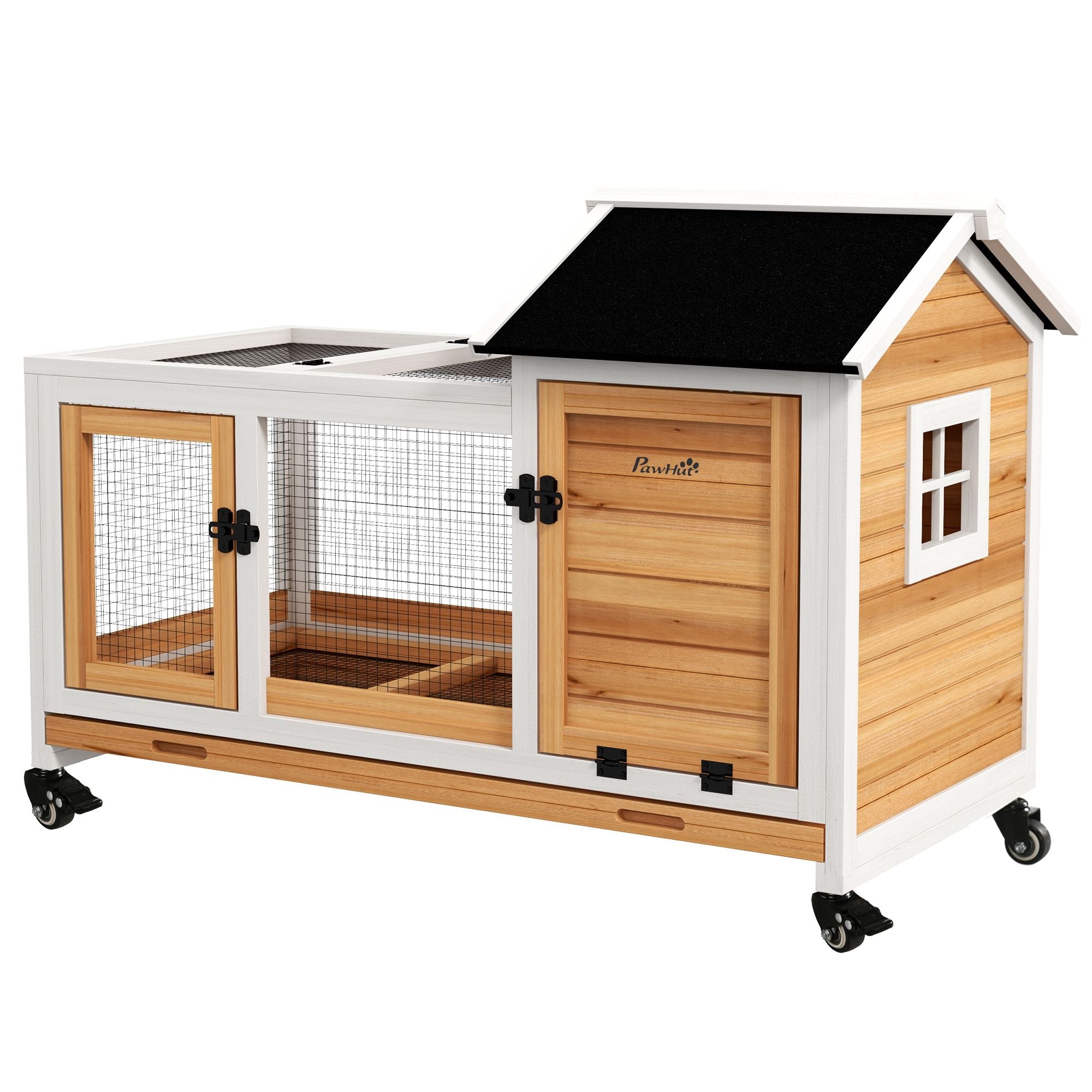 furniture-style Rabbit Hutch with Wheels & Run for Small Animals