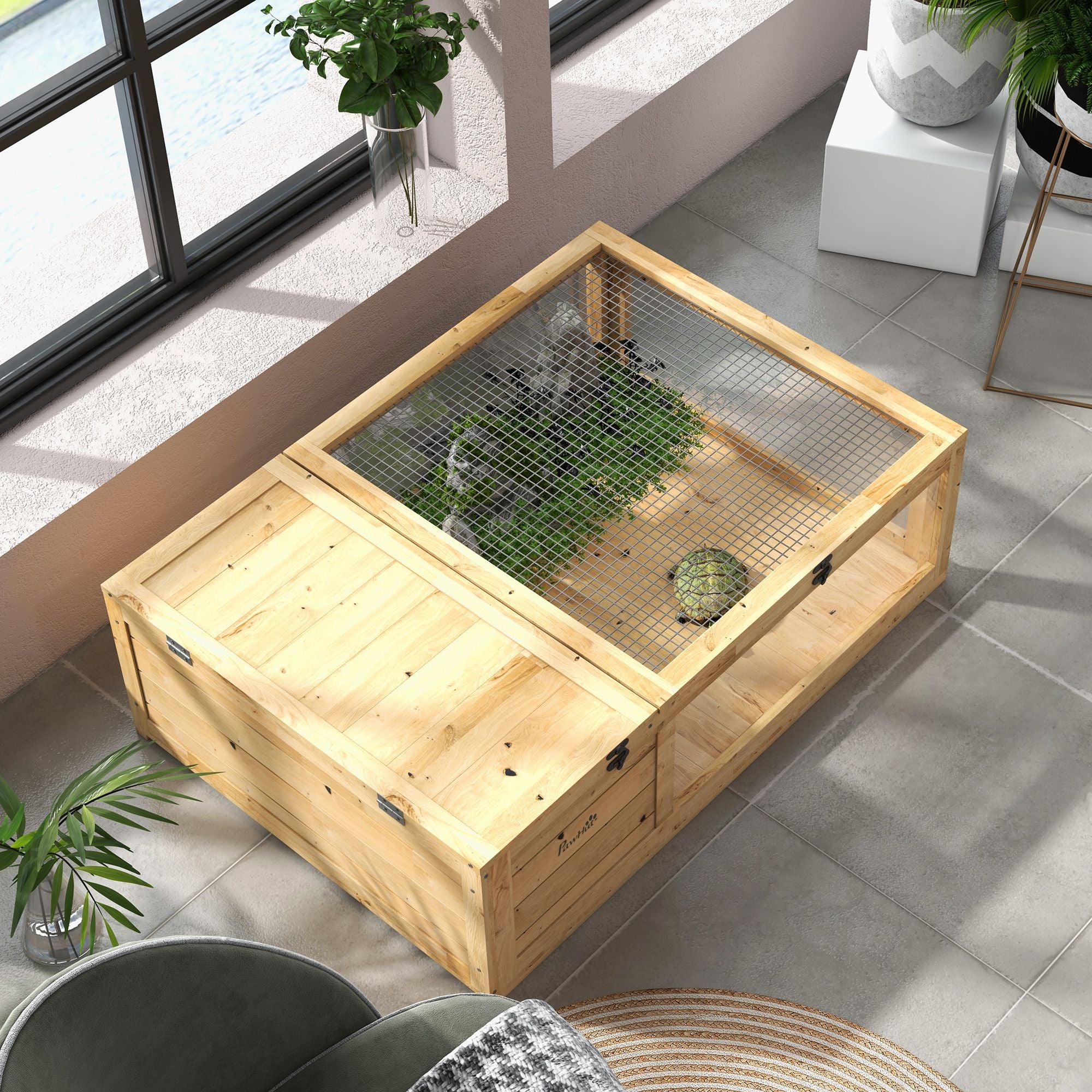 PawHut furniture-style Turtle Cage with Private Sleeping and Expandable Run