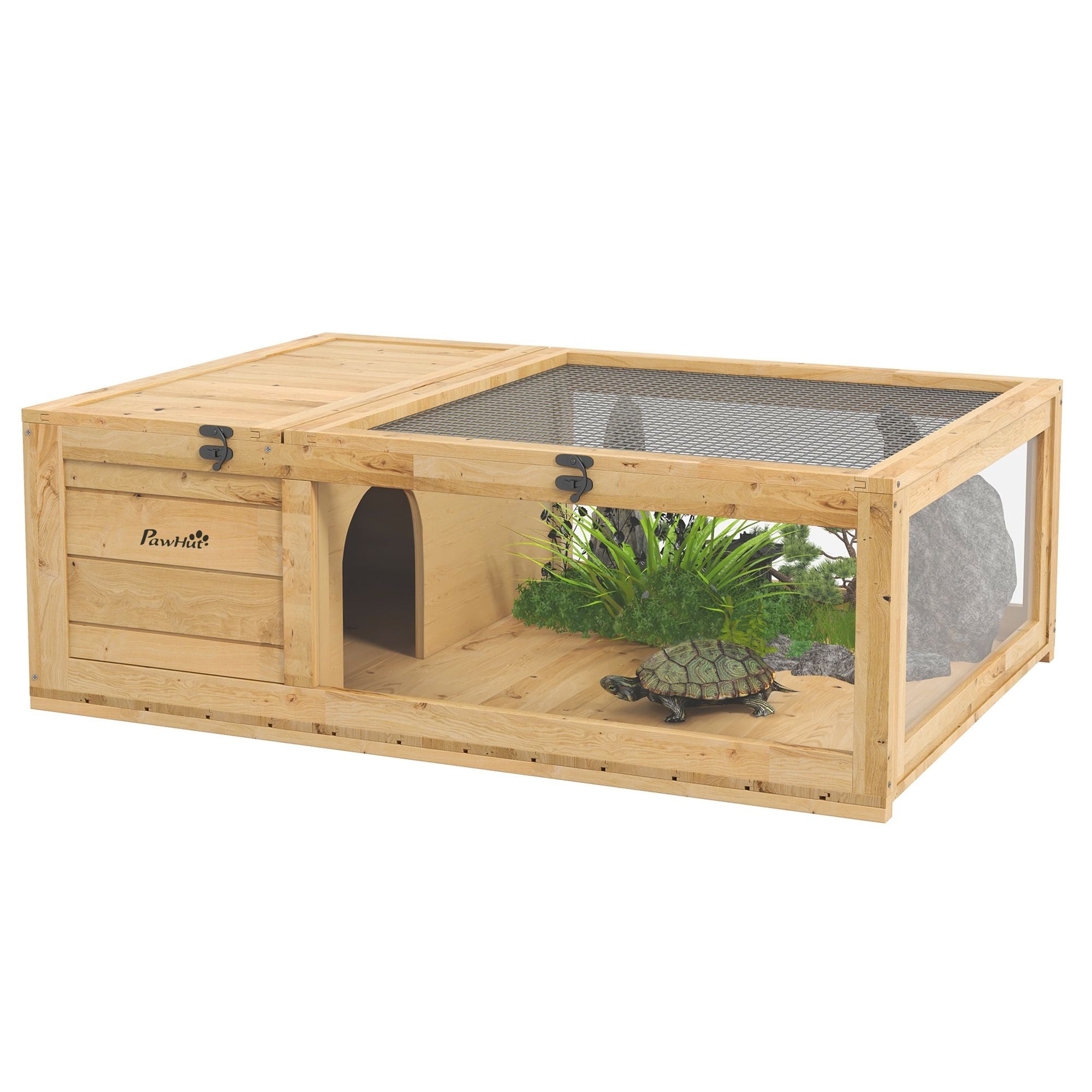 PawHut furniture-style Turtle Cage with Private Sleeping and Expandable Run