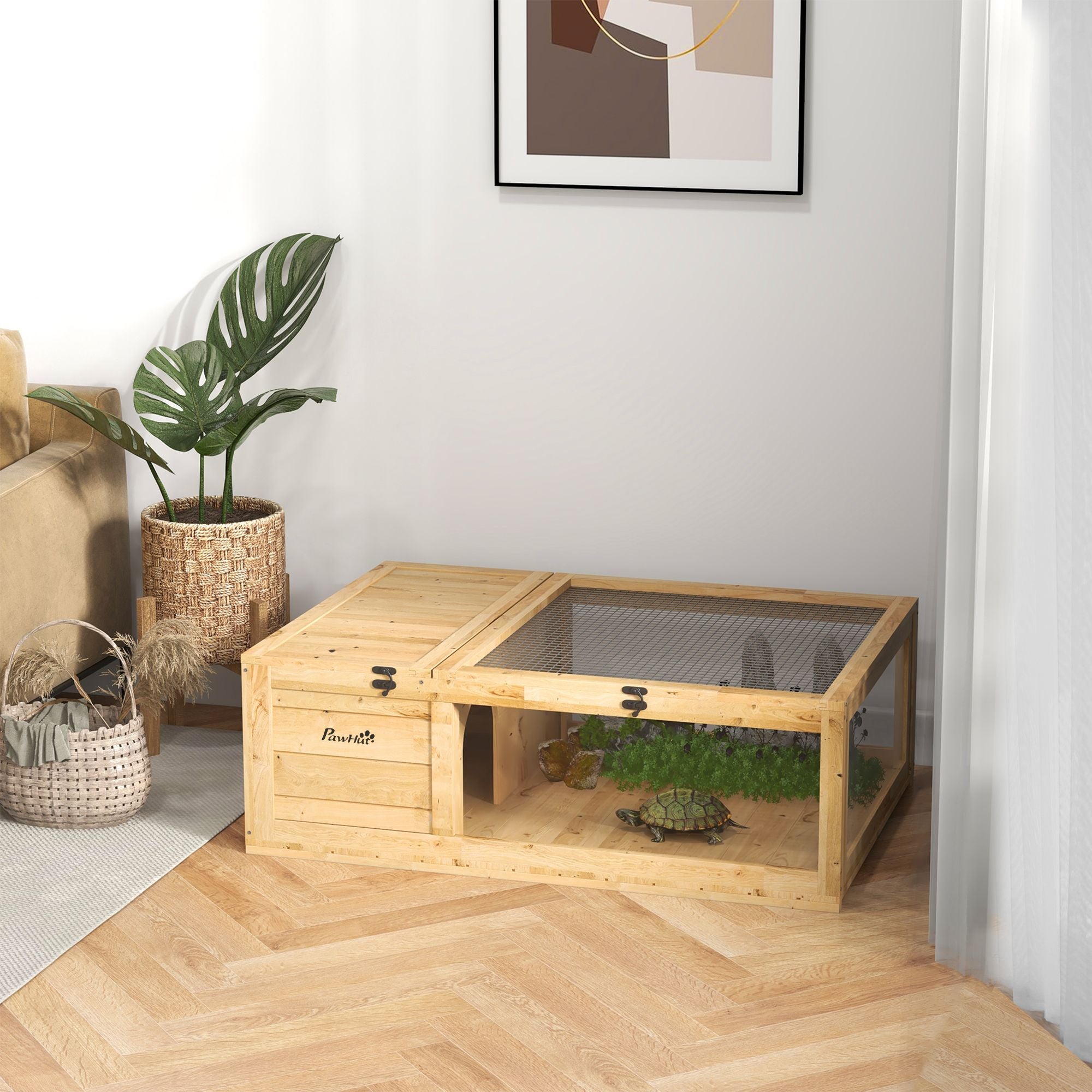 PawHut furniture-style Turtle Cage with Private Sleeping and Expandable Run