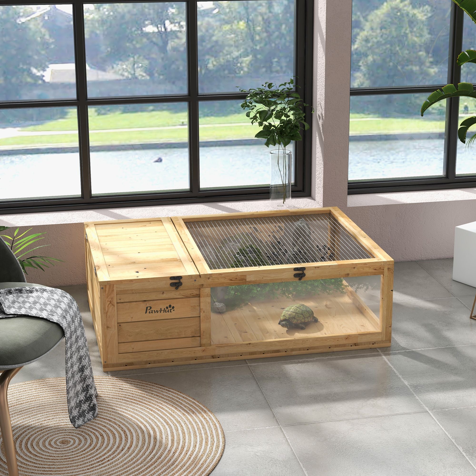 PawHut furniture-style Turtle Cage with Private Sleeping and Expandable Run