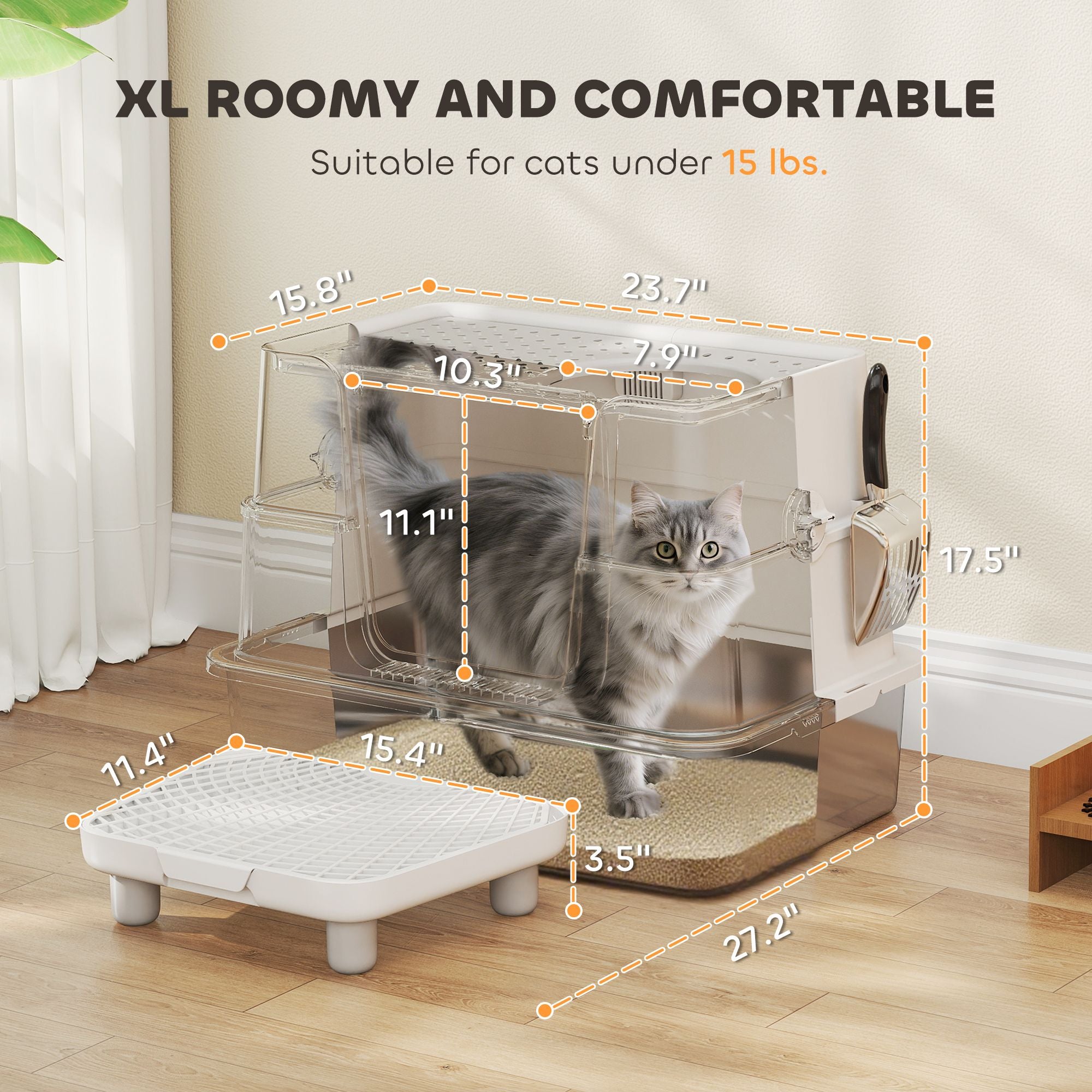XL Stainless Steel Litter Box w/ 100° Flip Top, Scoop, Step, Top & Side Entry Enclosed Litter Box for Big Cats