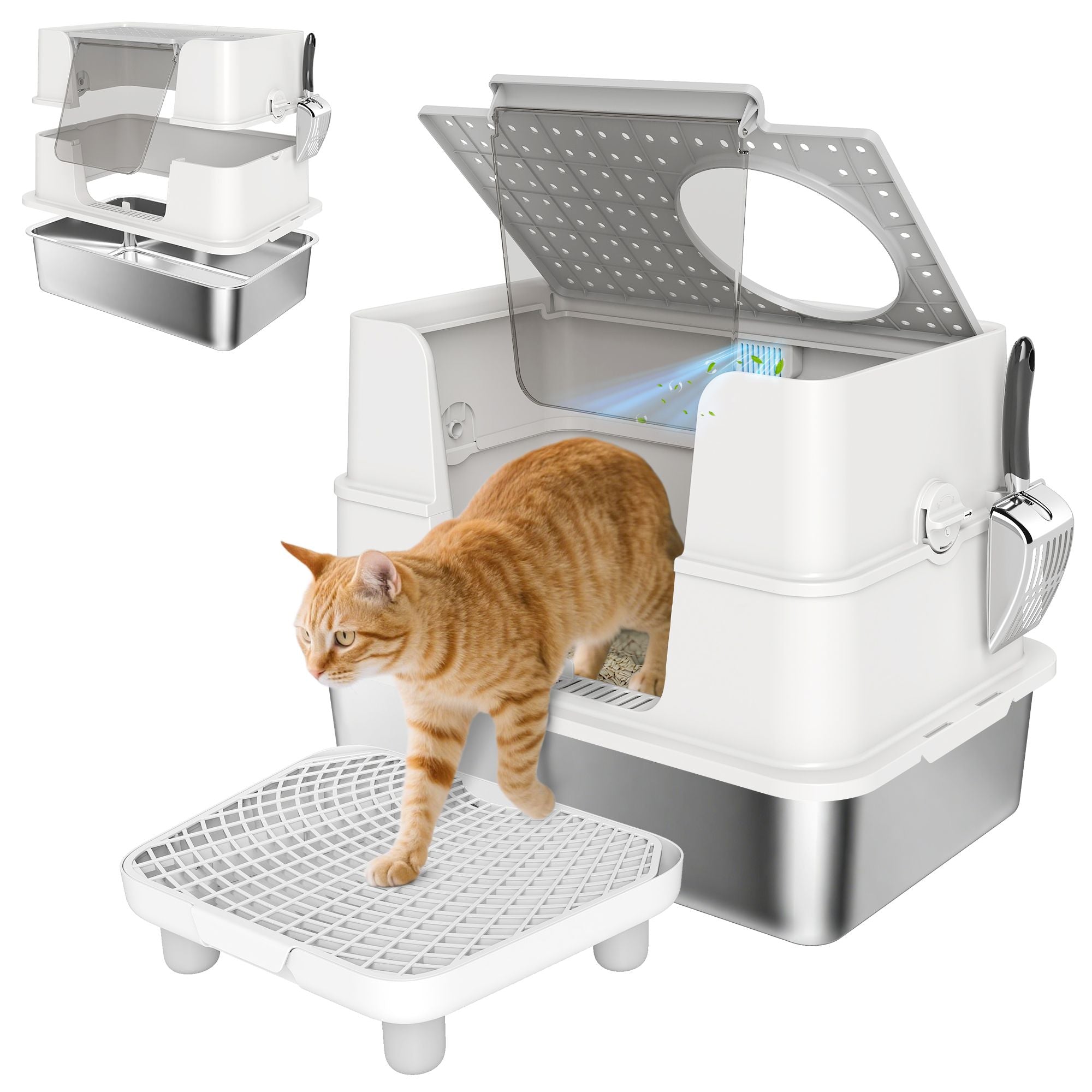 XL Stainless Steel Litter Box with 3-in-1 Design for Big Cats