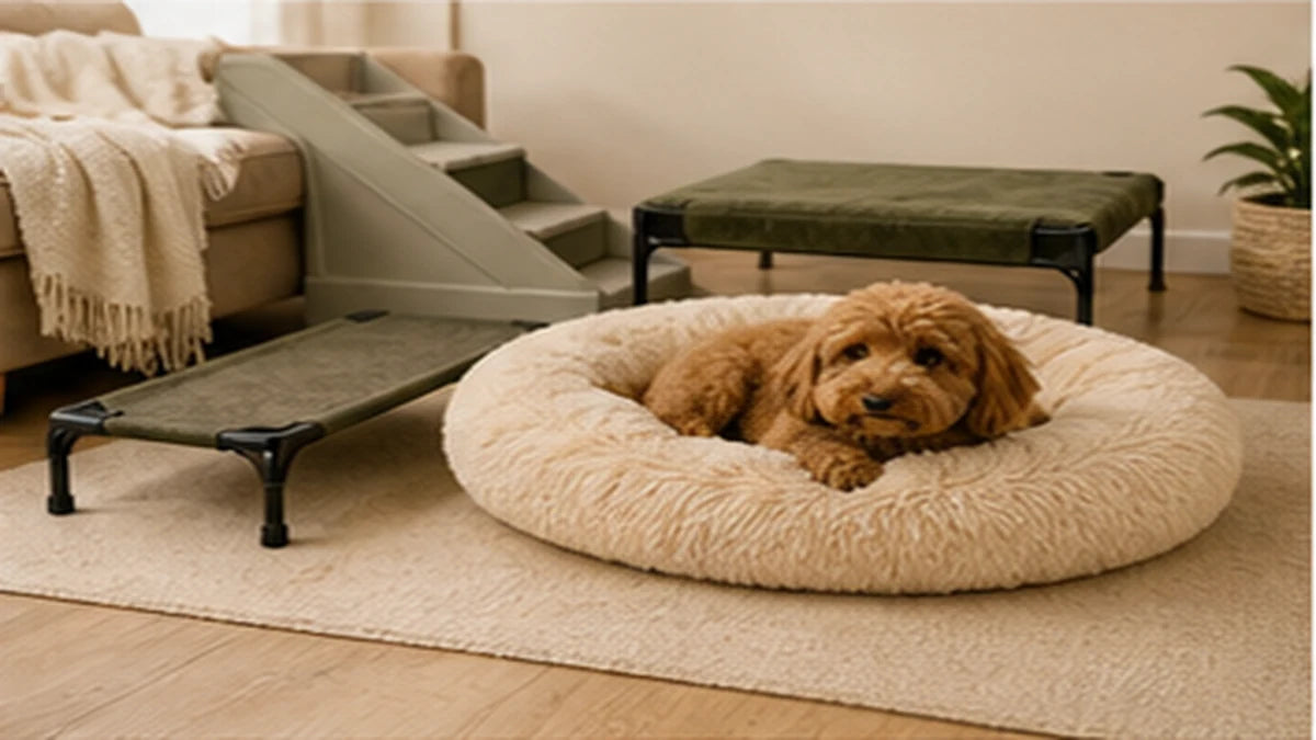 Dog resting on a soft pet bed