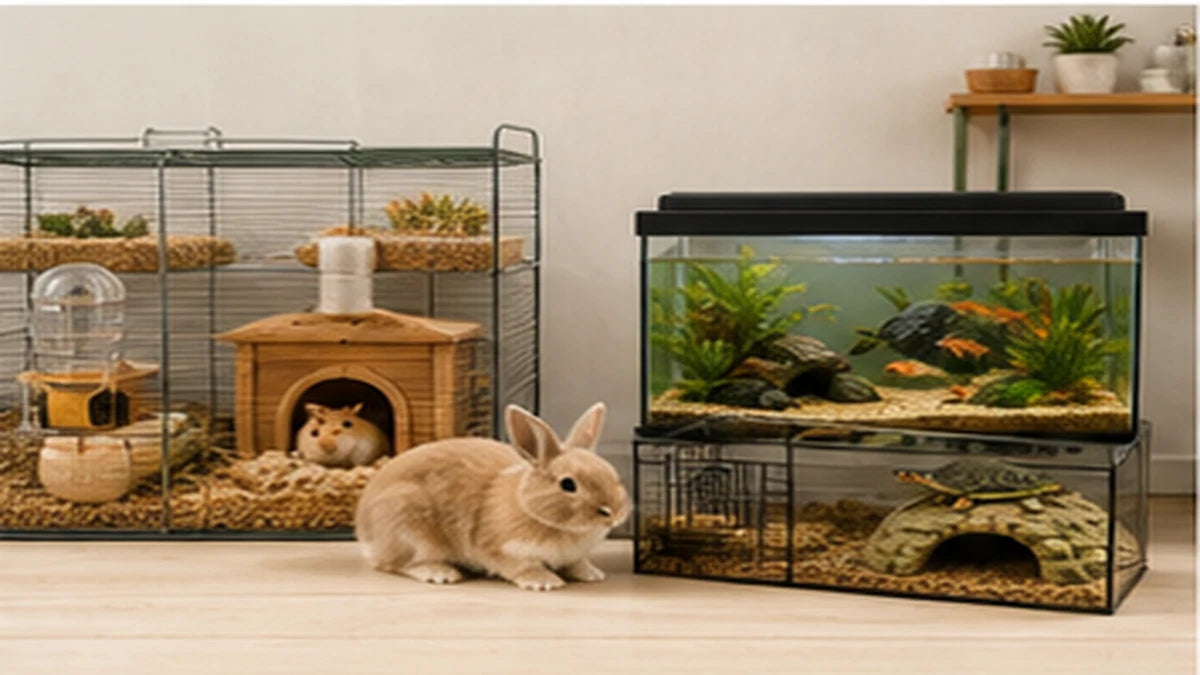 Small pet, aquarium, and reptile essentials in a warm home setting