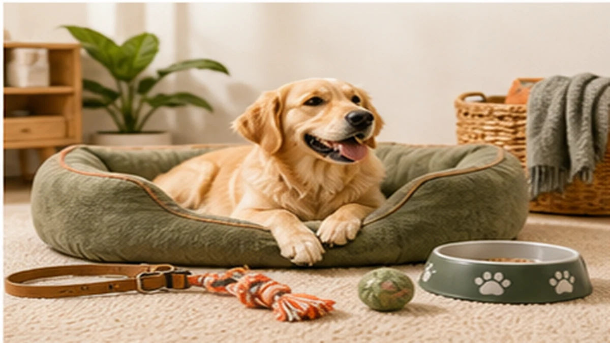 Dog essentials in a warm home setting