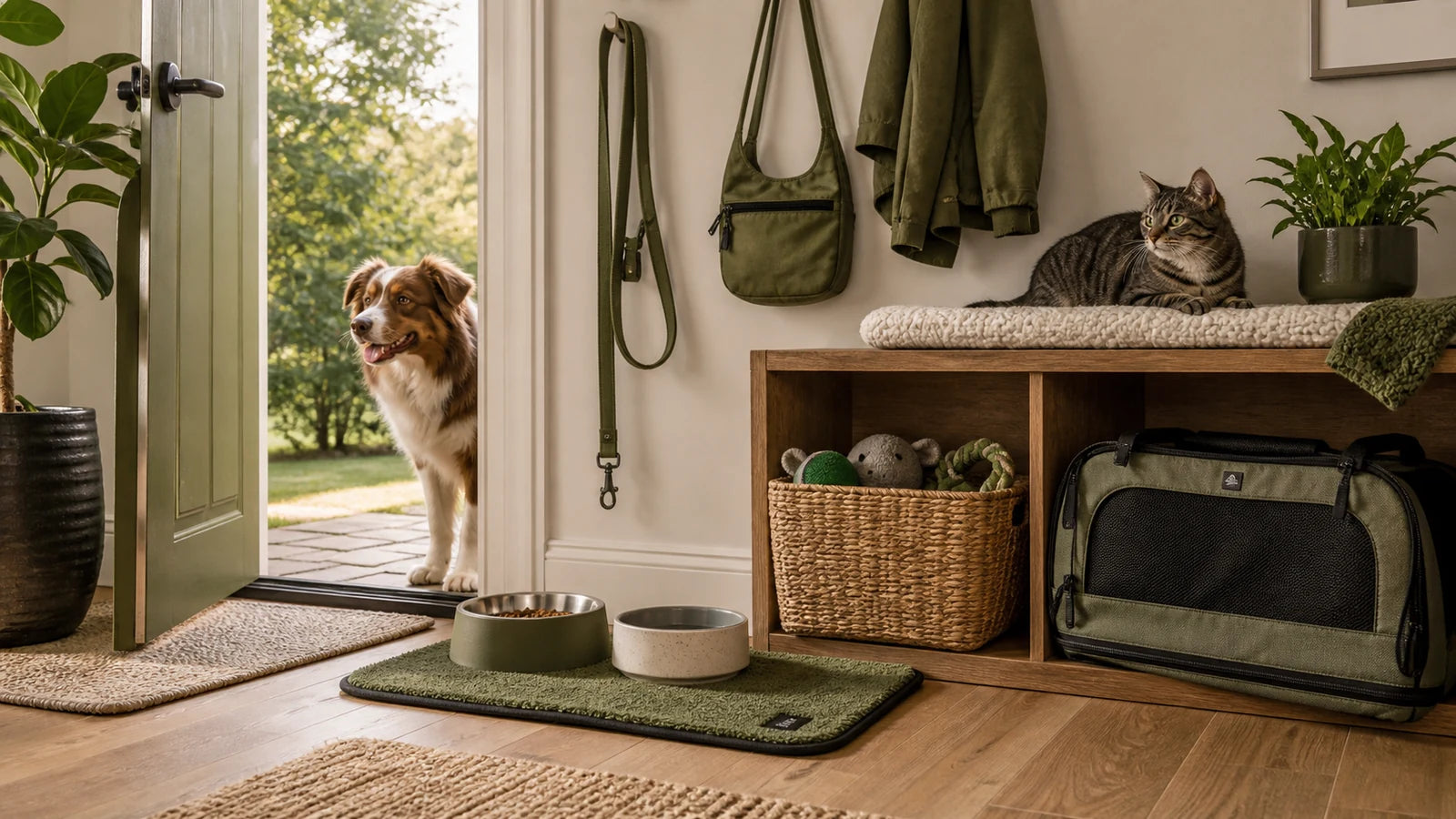 Pet gear organized for everyday home routines